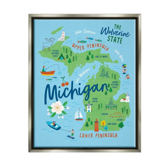 Stupell Industries Everyday Michigan Illustrated Map Graphic Art Luster Gray Floating Framed Canvas Print Wall Art, Design by Nina Seven