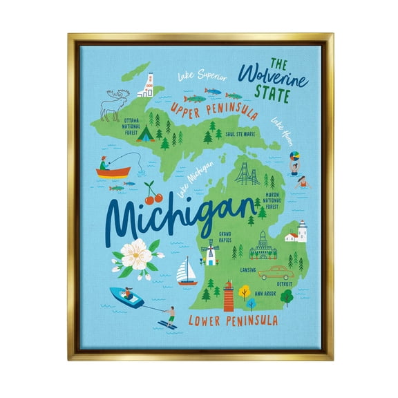 Stupell Industries Everyday Michigan Illustrated Map Graphic Art Metallic Gold Floating Framed Canvas Print Wall Art, Design by Nina Seven