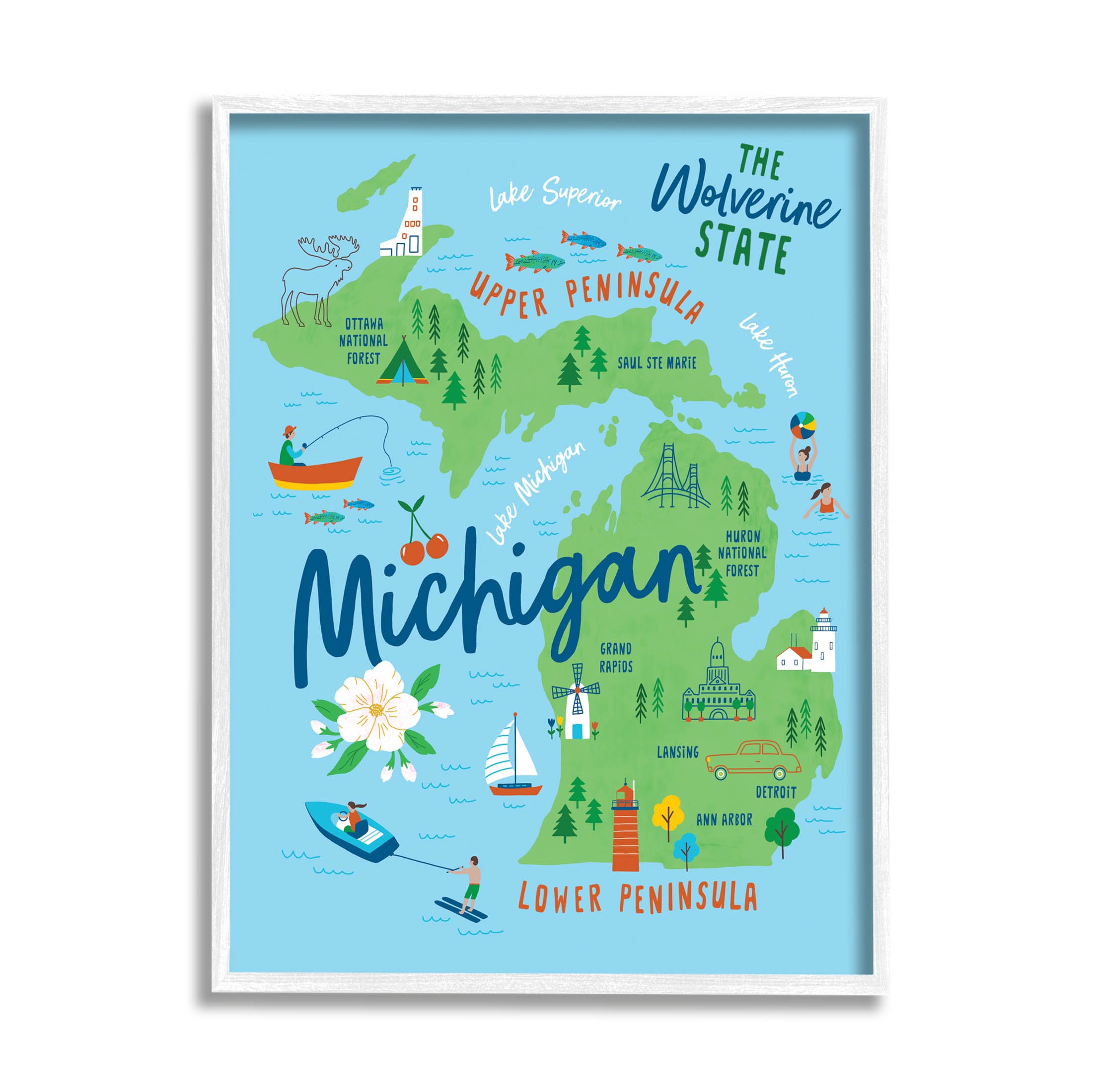 Stupell Industries Everyday Michigan Illustrated Map Graphic Art White Framed Art Print Wall Art, Design by Nina Seven