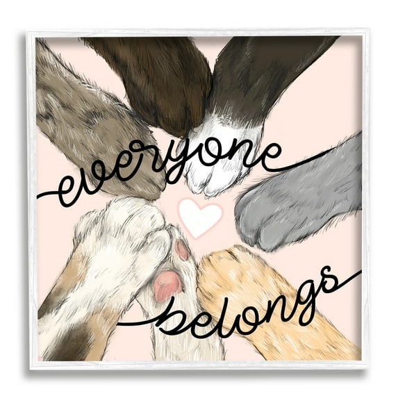 Stupell Industries Everyone Belongs Inclusivity Phrase Pet Cat Paws Novelty Painting White framed Art Print Wall Art, 12 x 12, Design by Daphne Polselli