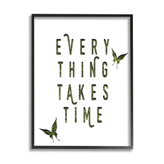 Stupell Industries Everything Takes Times Phrase Butterflies Grass Pattern Inspirational Painting Black Framed Art Print Wall Art, 24 x 30