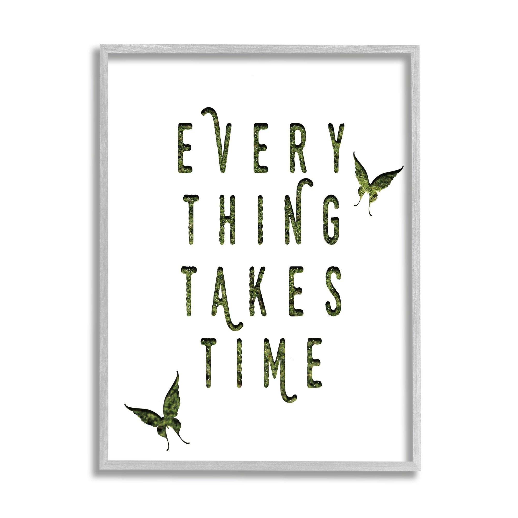 Stupell Industries Everything Takes Times Phrase Butterflies Grass Pattern Inspirational Painting Gray Framed Art Print Wall Art, 11 x 14
