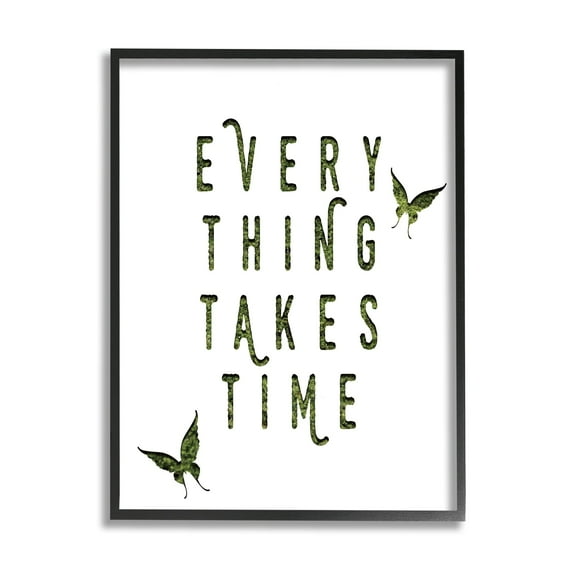 Stupell Industries Everything Takes Times Phrase Butterflies Grass Pattern Novelty Painting Black framed Art Print Wall Art, 11 x 14, Design by Daphne Polselli