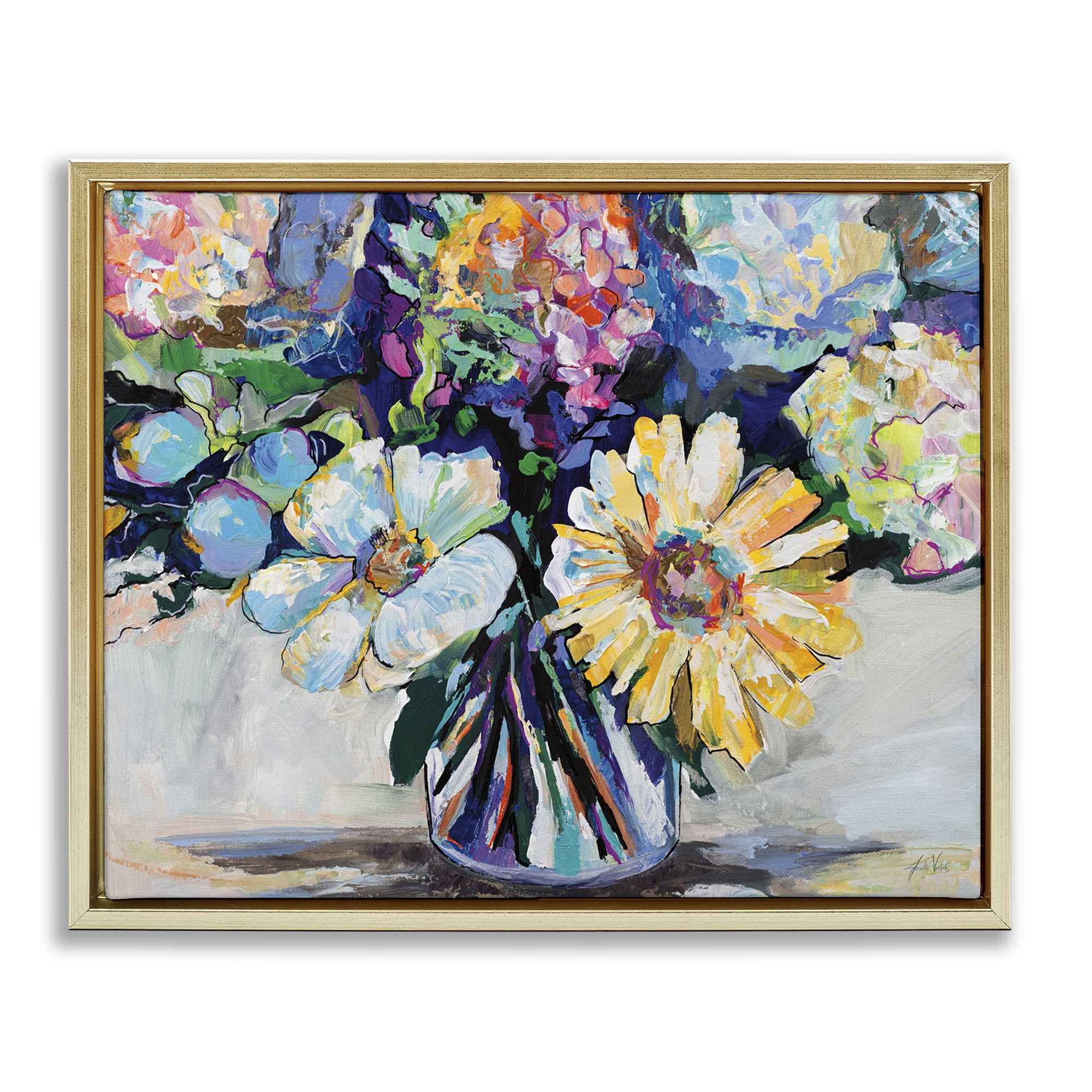 Stupell Industries Exciting Times Bouquet Botanical & Floral Painting Gold Floater Framed Art Print Wall Art, 31 x 25