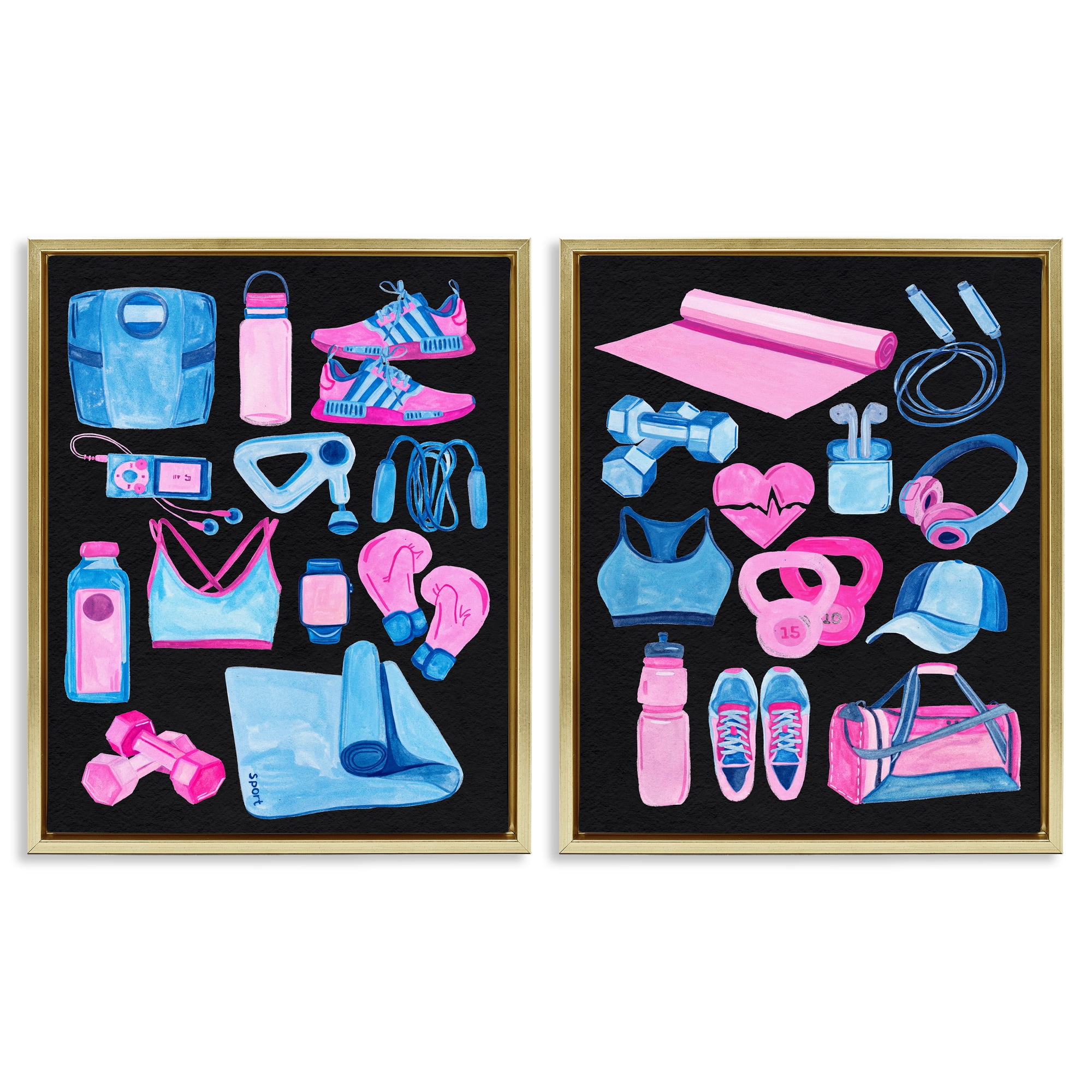 Stupell Industries Exercise Gear Pink & Blue Sports Painting Gold Floater Framed Canvas Art Print Wall Art, 31 x 25, Set of 2