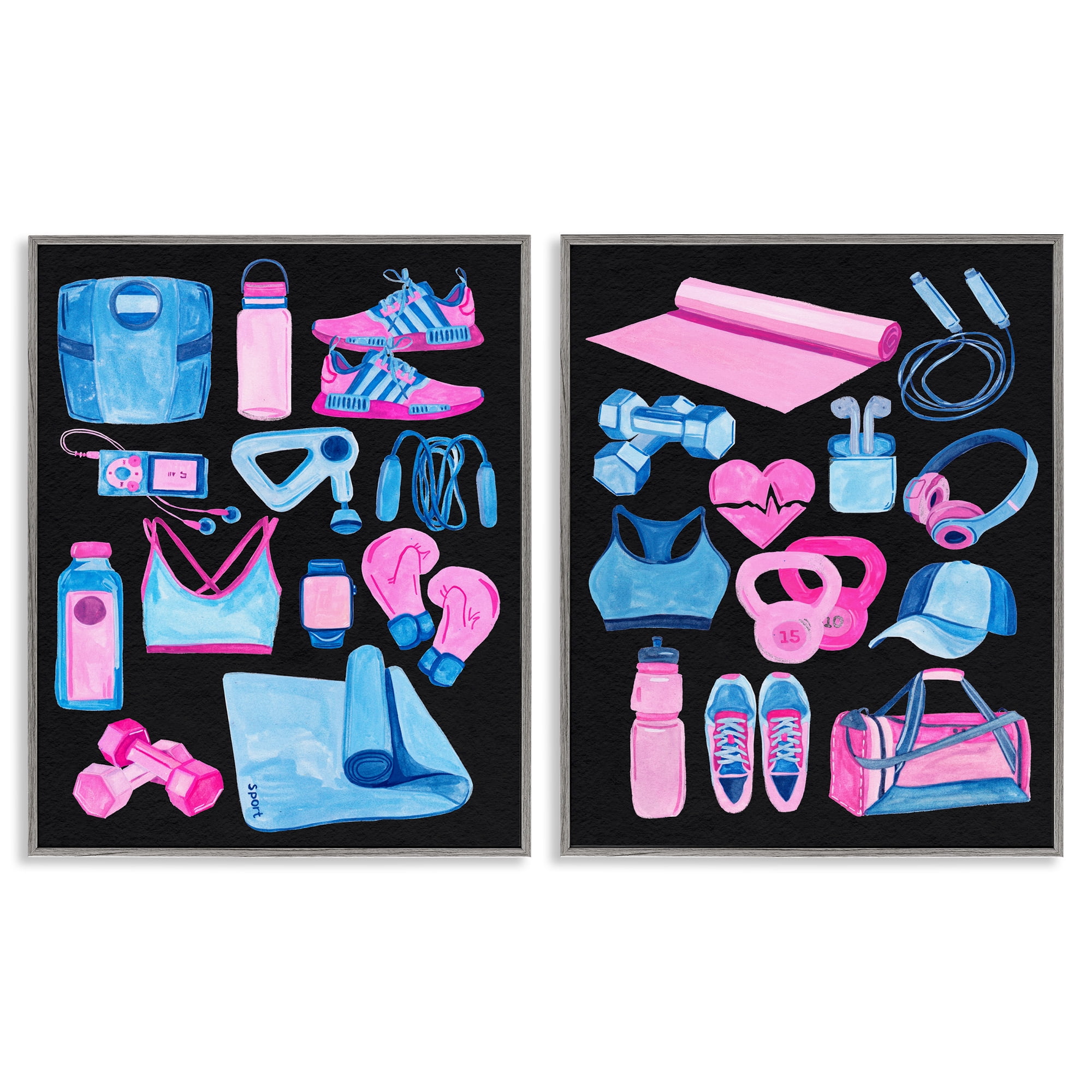 Stupell Industries Exercise Gear Pink & Blue Sports Painting Gray Framed Art Print Wall Art, 24 x 30, Set of 2