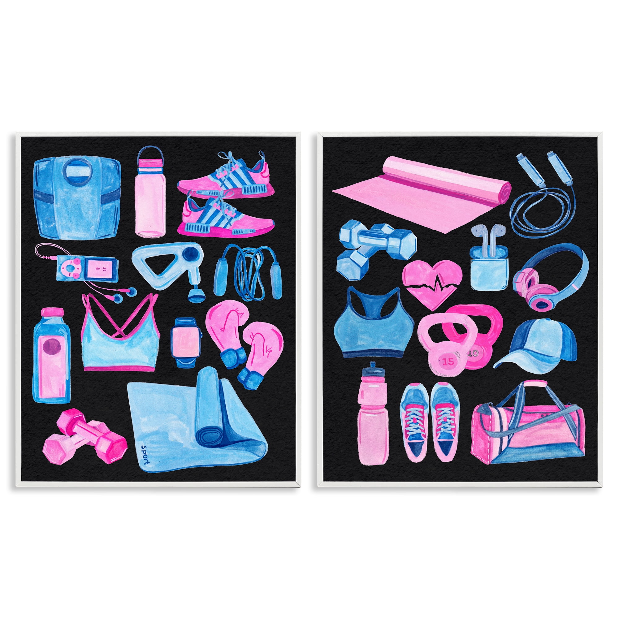 Stupell Industries Exercise Gear Pink & Blue Sports Painting White Framed Art Print Wall Art, 11 x 14, Set of 2