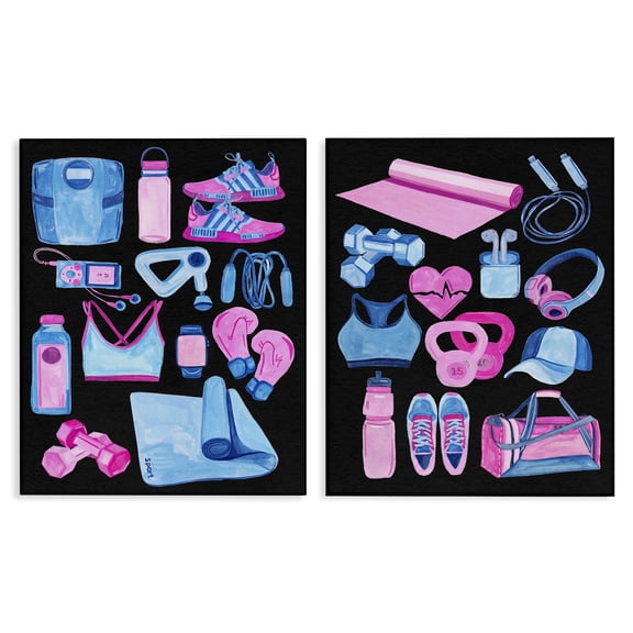 Stupell Industries Exercise Gear Pink & Blue Sports Painting Wrapped Canvas Art Print Wall Art, 24 x 30, Set of 2