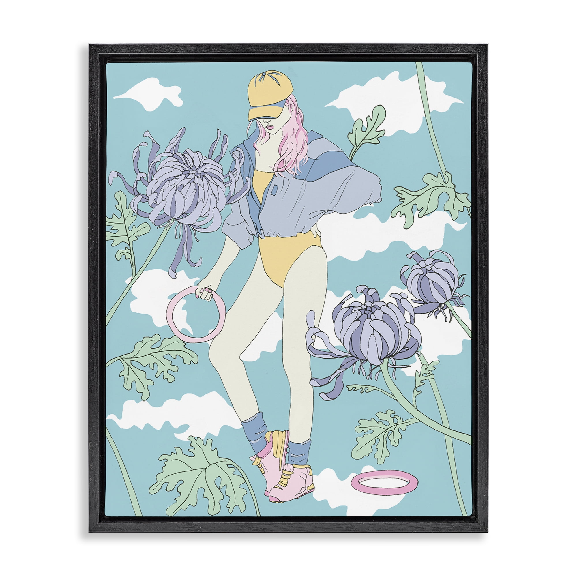 Stupell Industries Exercise Girl with Clouds People Painting Black Floater Framed Canvas Art Print Wall Art, 25 x 31