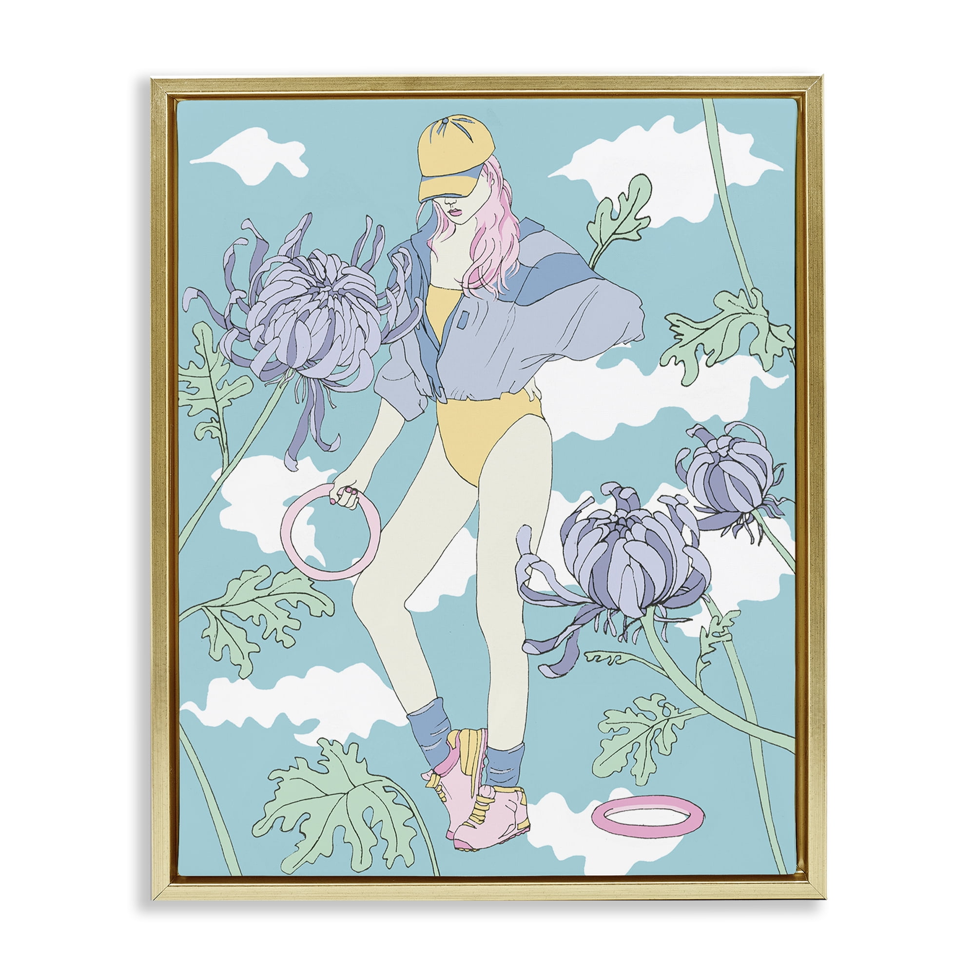 Stupell Industries Exercise Girl with Clouds People Painting Gold Floater Framed Canvas Art Print Wall Art, 25 x 31