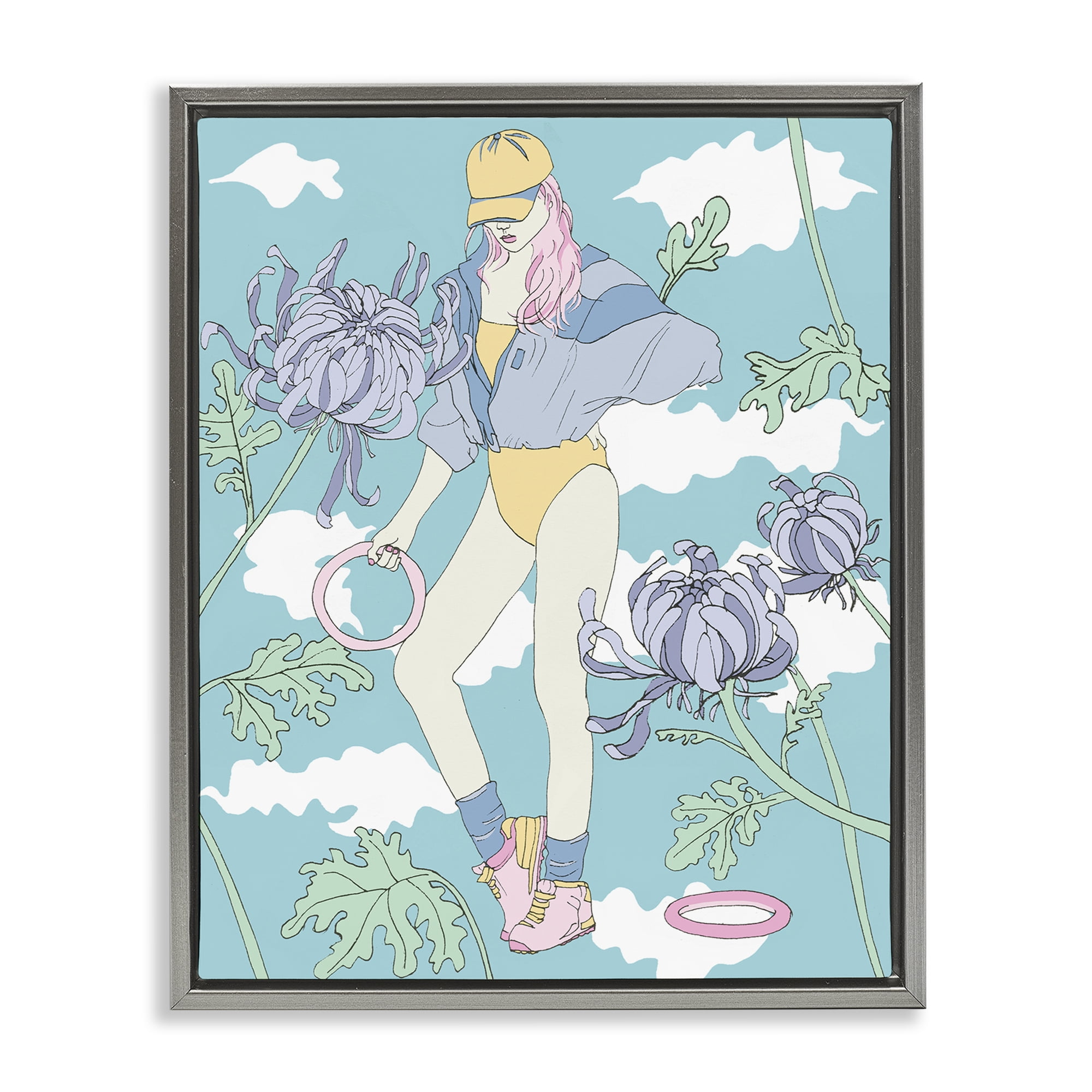 Stupell Industries Exercise Girl with Clouds People Painting Gray Floater Framed Canvas Art Print Wall Art, 17 x 21