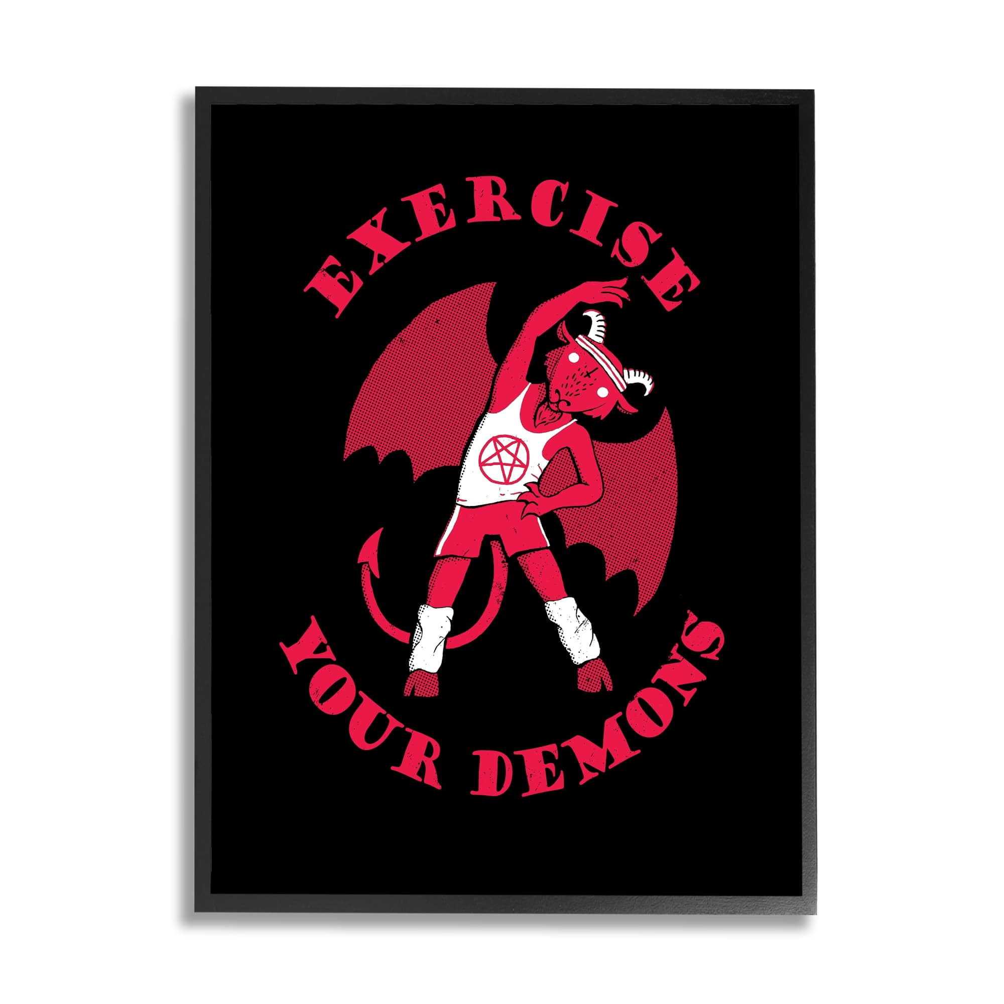 Stupell Industries Exercise Your Demons Funny Red Devil Workout Framed Wall Art, 24 x 30, Design by Michael Buxton