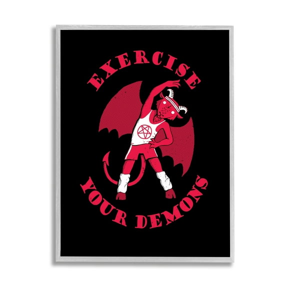 Stupell Industries Exercise Your Demons Funny Red Devil Workout Framed Wall Art, 24 x 30, Design by Michael Buxton