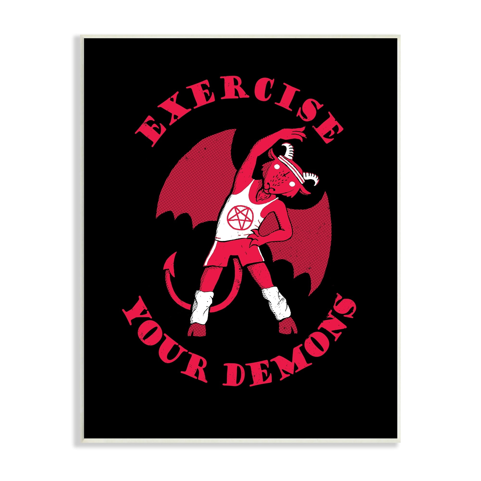 Stupell Industries Exercise Your Demons Funny Red Devil Workout Wood Wall Art, 10 x 15, Design by Michael Buxton