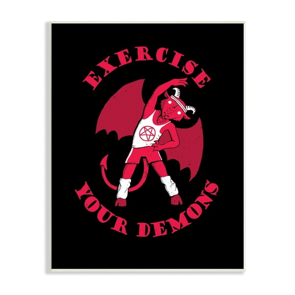 Stupell Industries Exercise Your Demons Funny Red Devil Workout Wood Wall Art, 13 x 19, Design by Michael Buxton