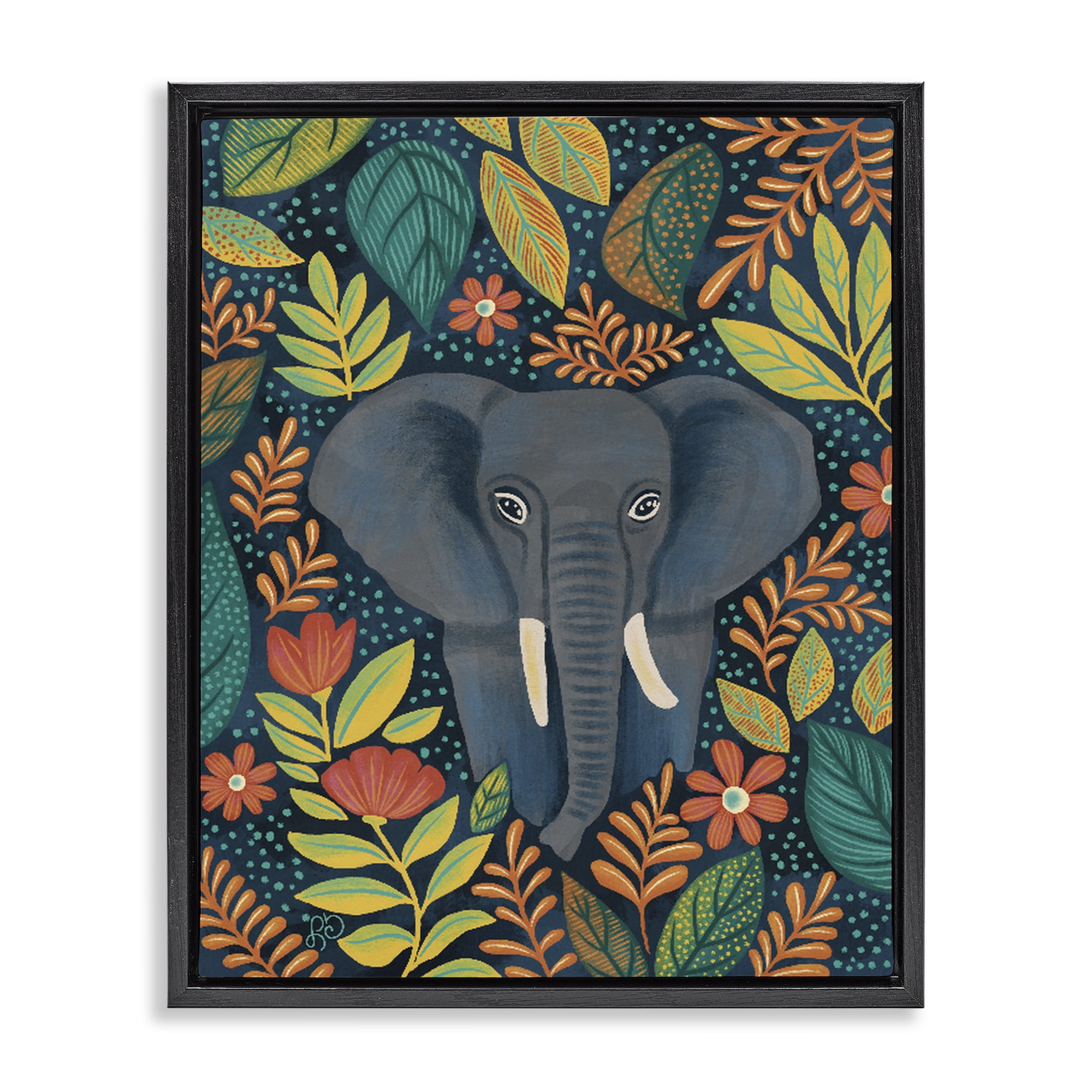 Stupell Industries Exotic Leaf Pattern Elephant Black Framed Floater Canvas Wall Art, design by Lisa R Dumm