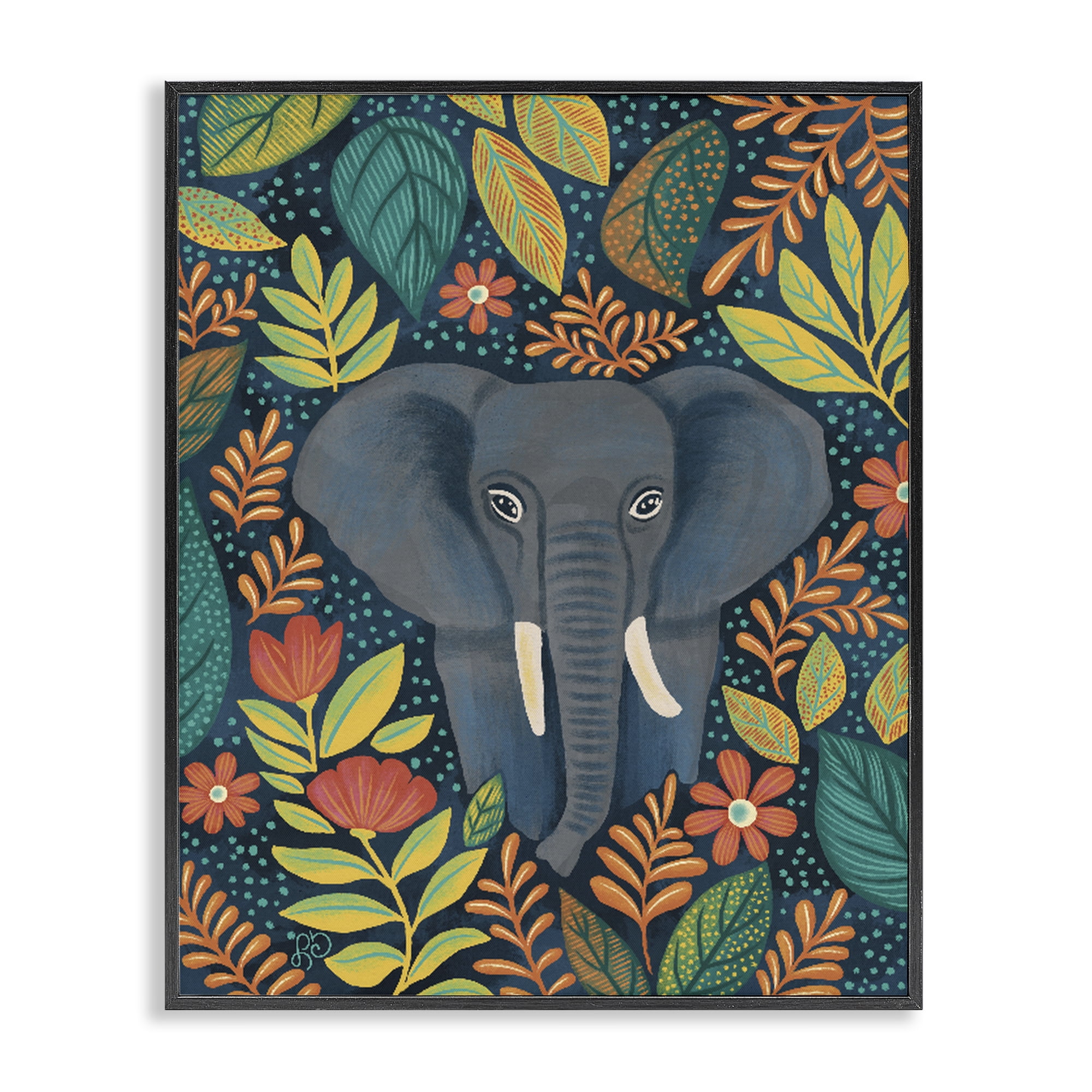Stupell Industries Exotic Leaf Pattern Elephant Black Framed Giclee Art, design by Lisa R Dumm