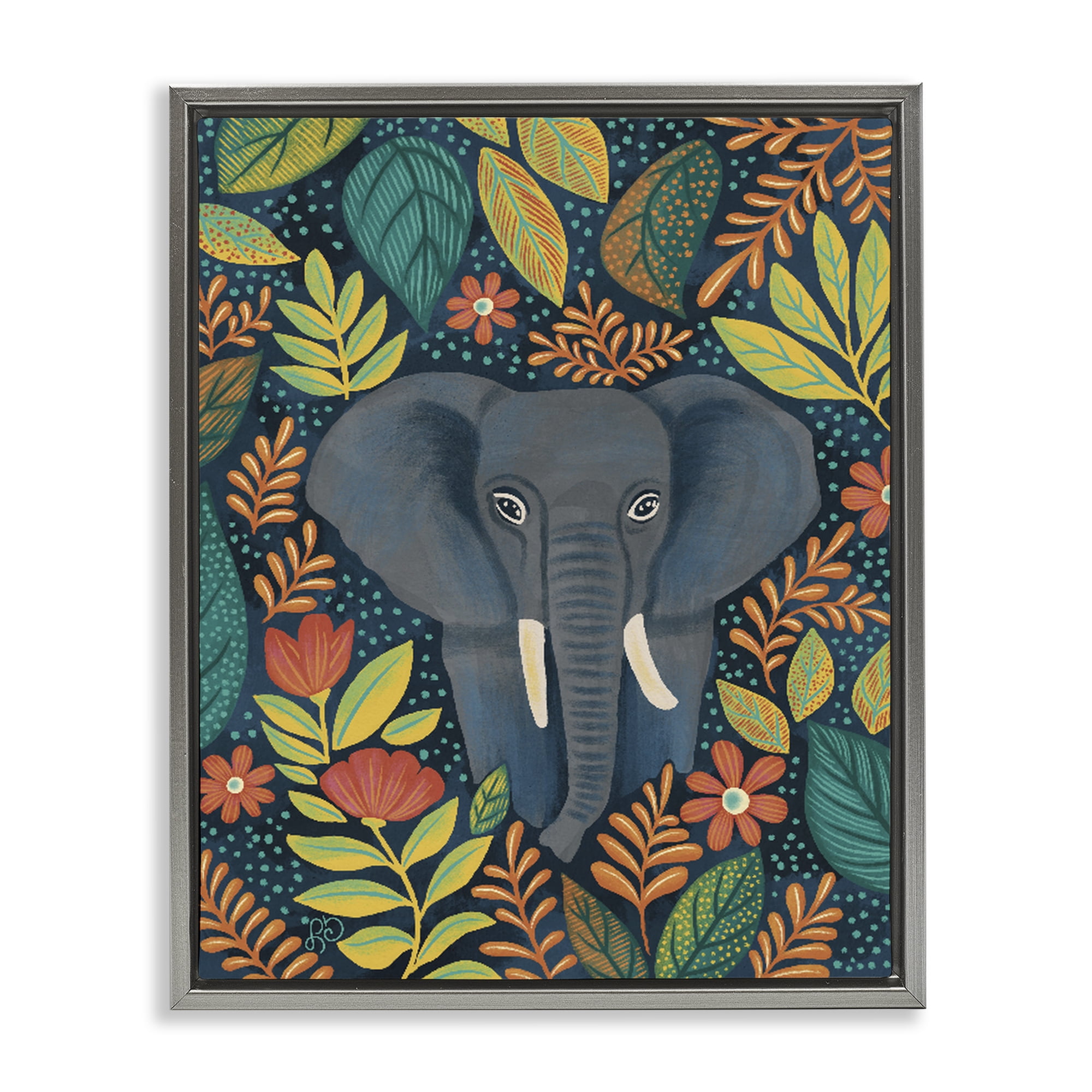 Stupell Industries Exotic Leaf Pattern Elephant Gray Framed Floater Canvas Wall Art, design by Lisa R Dumm