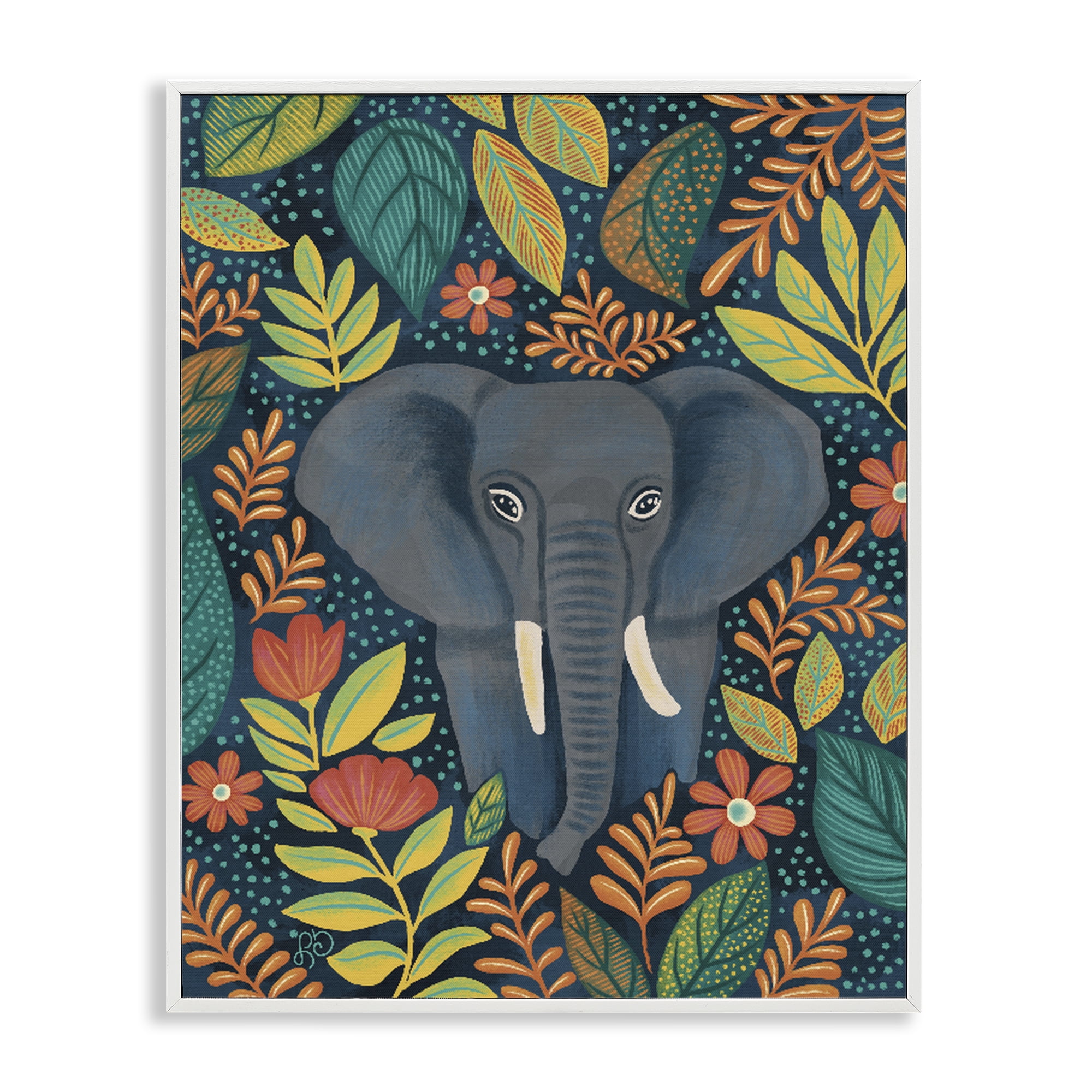 Stupell Industries Exotic Leaf Pattern Elephant White Framed Giclee Art, design by Lisa R Dumm