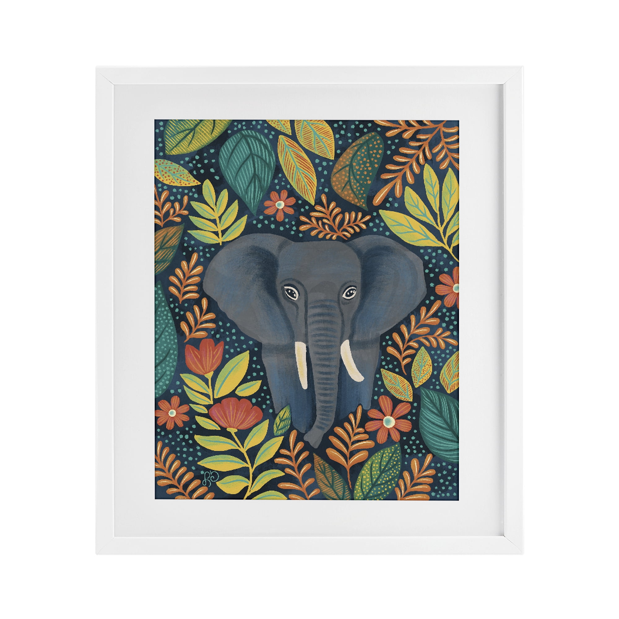 Stupell Industries Exotic Leaf Pattern Elephant White Framed Print Under Glass, design by Lisa R Dumm