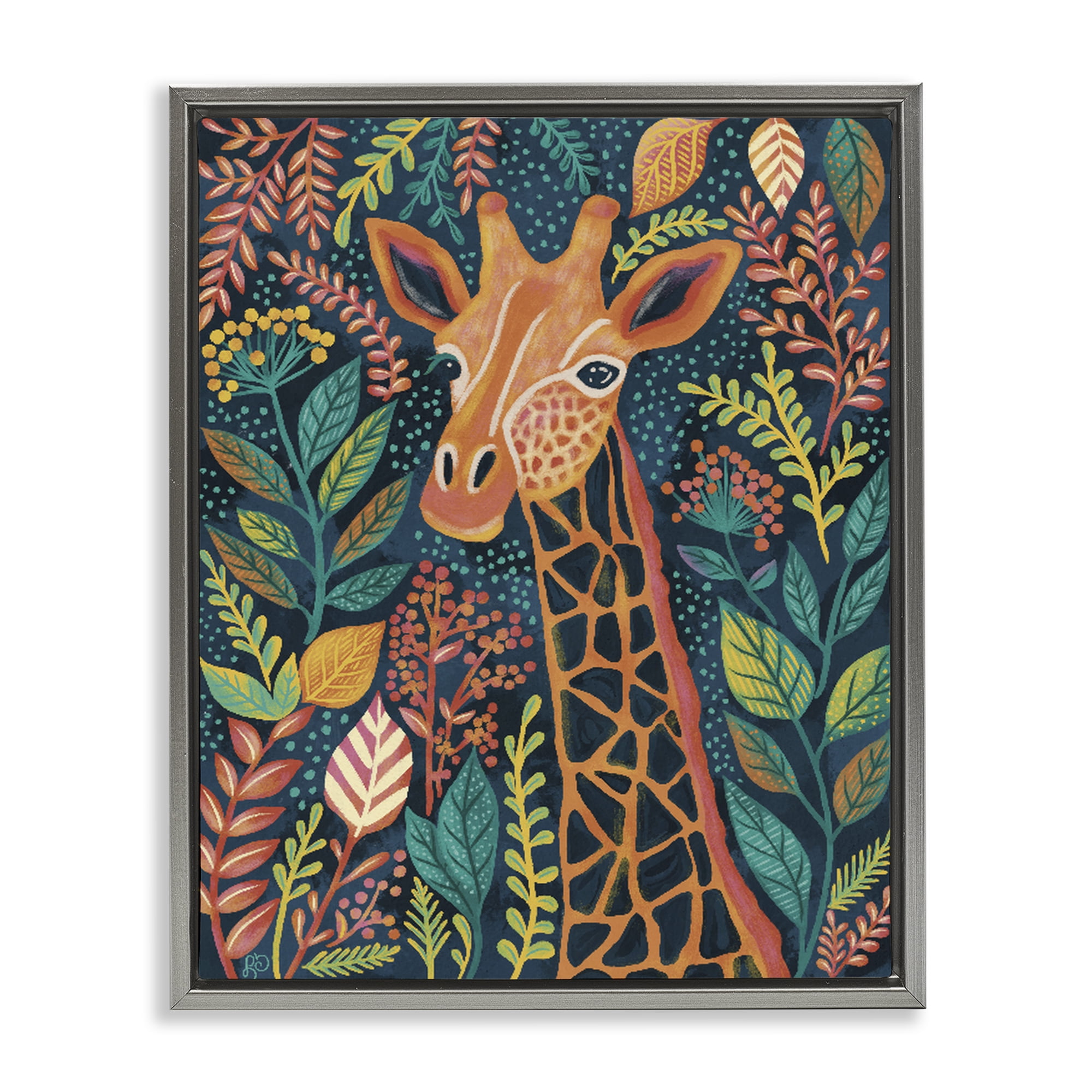 Stupell Industries Exotic Leaf Pattern Giraffe Gray Framed Floater Canvas Wall Art, design by Lisa R Dumm
