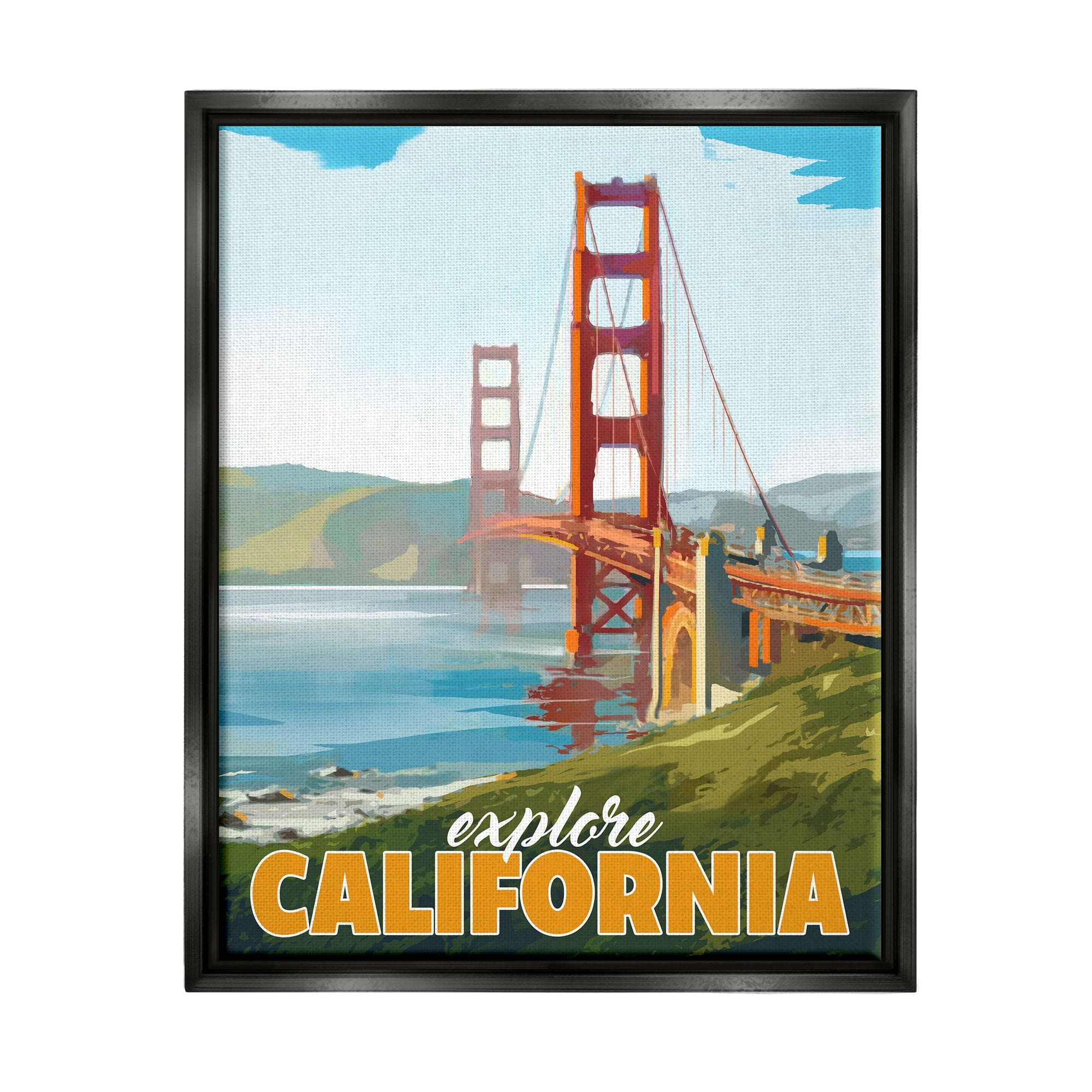 Stupell Industries Explore California Water Bridge Distant Meadows Scenery Graphic Art Jet Black Floating Framed Canvas Print Wall Art, Design by David Owens Illustration