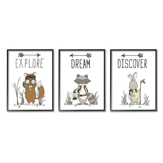 Stupell Industries Explore Dream Discover Arrows Motivational Kids Animals Graphic Art Black Framed Art Print Wall Art, Set of 3, Design by Sweet Melody Designs