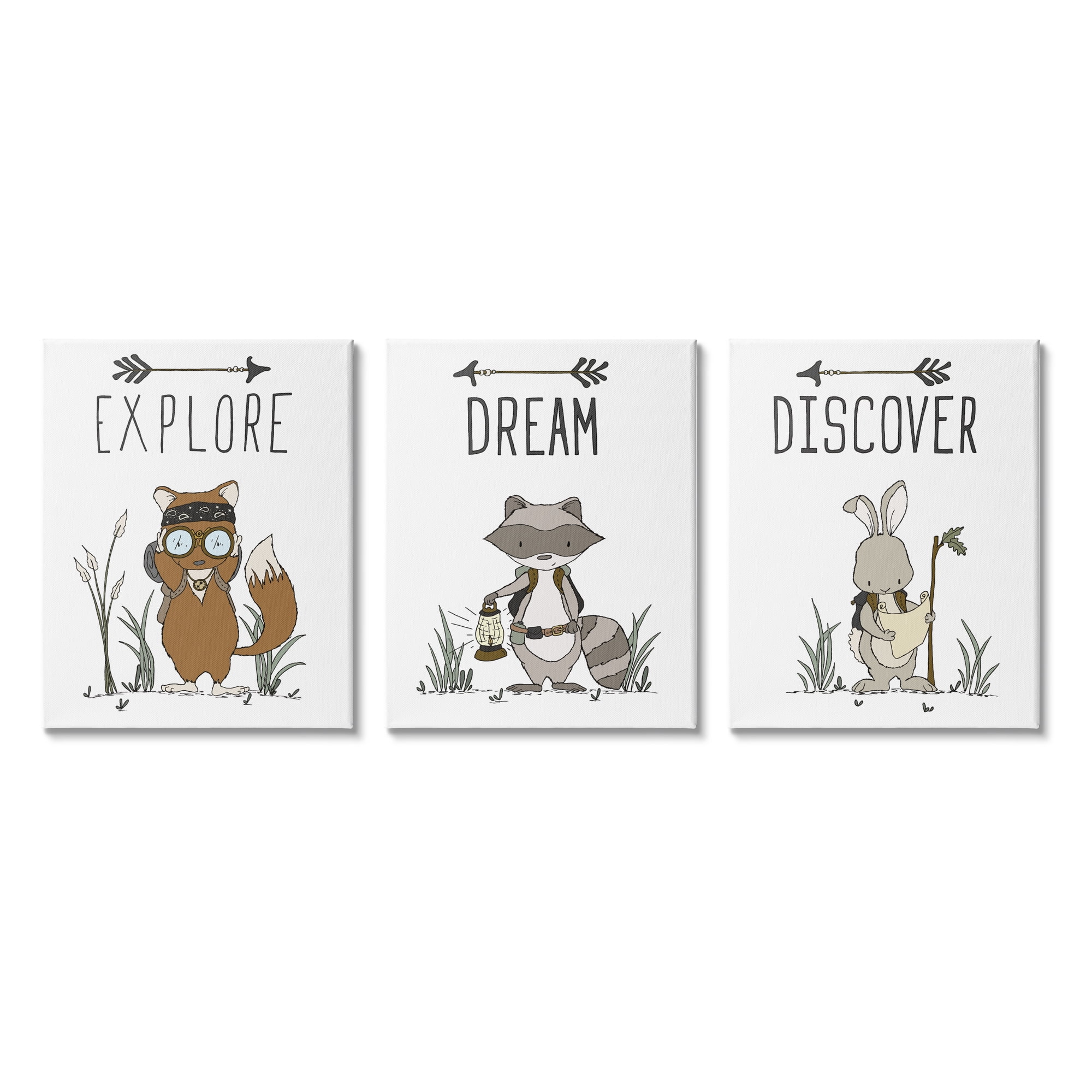 Stupell Industries Explore Dream Discover Arrows Motivational Kids Animals Graphic Art Gallery Wrapped Canvas Print Wall Art, Set of 3, Design by Sweet Melody Designs