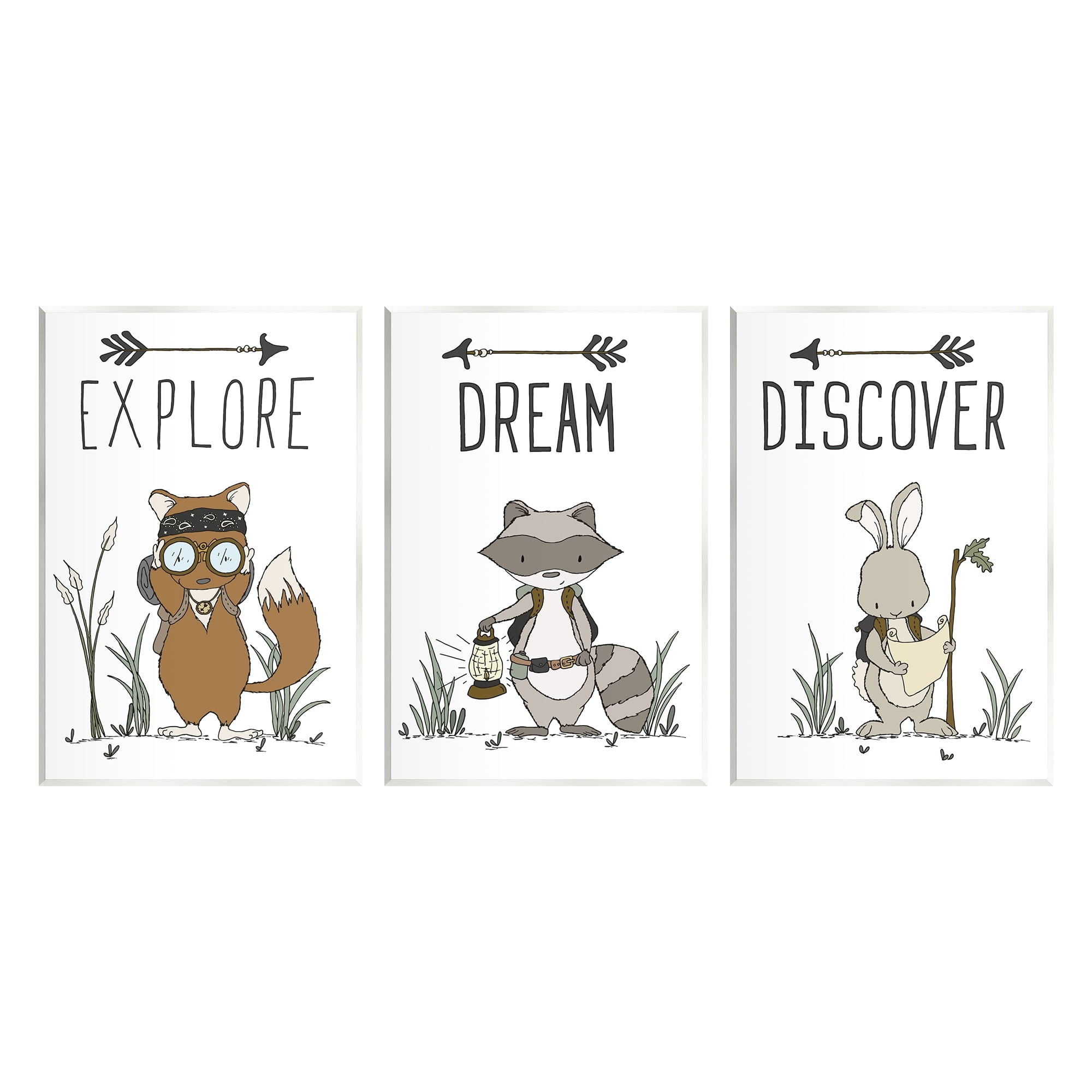 Stupell Industries Explore Dream Discover Arrows Motivational Kids Animals Graphic Art Unframed Art Print Wall Art, Set of 3, Design by Sweet Melody Designs