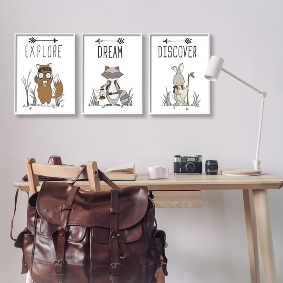 Stupell Industries Explore Dream Discover Arrows Motivational Kids Animals Graphic Art White Framed Art Print Wall Art, Set of 3, Design by Sweet Melody Designs