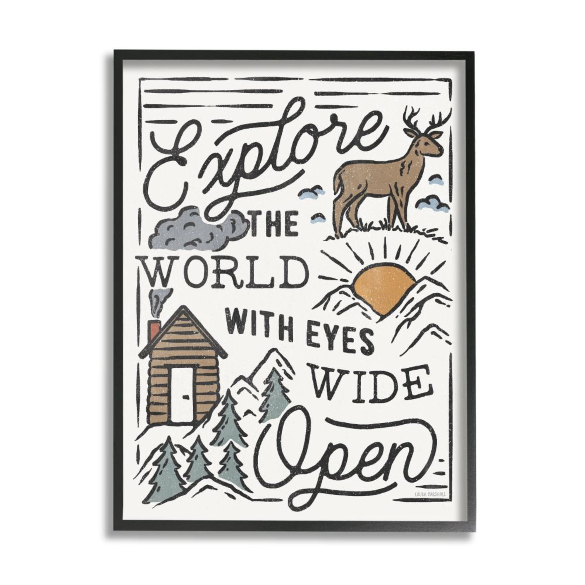 Stupell Industries Explore Eyes Wide Open Phrase Rustic Forest Cabin Design by Laura Marshall, 11" x 14", Black Framed