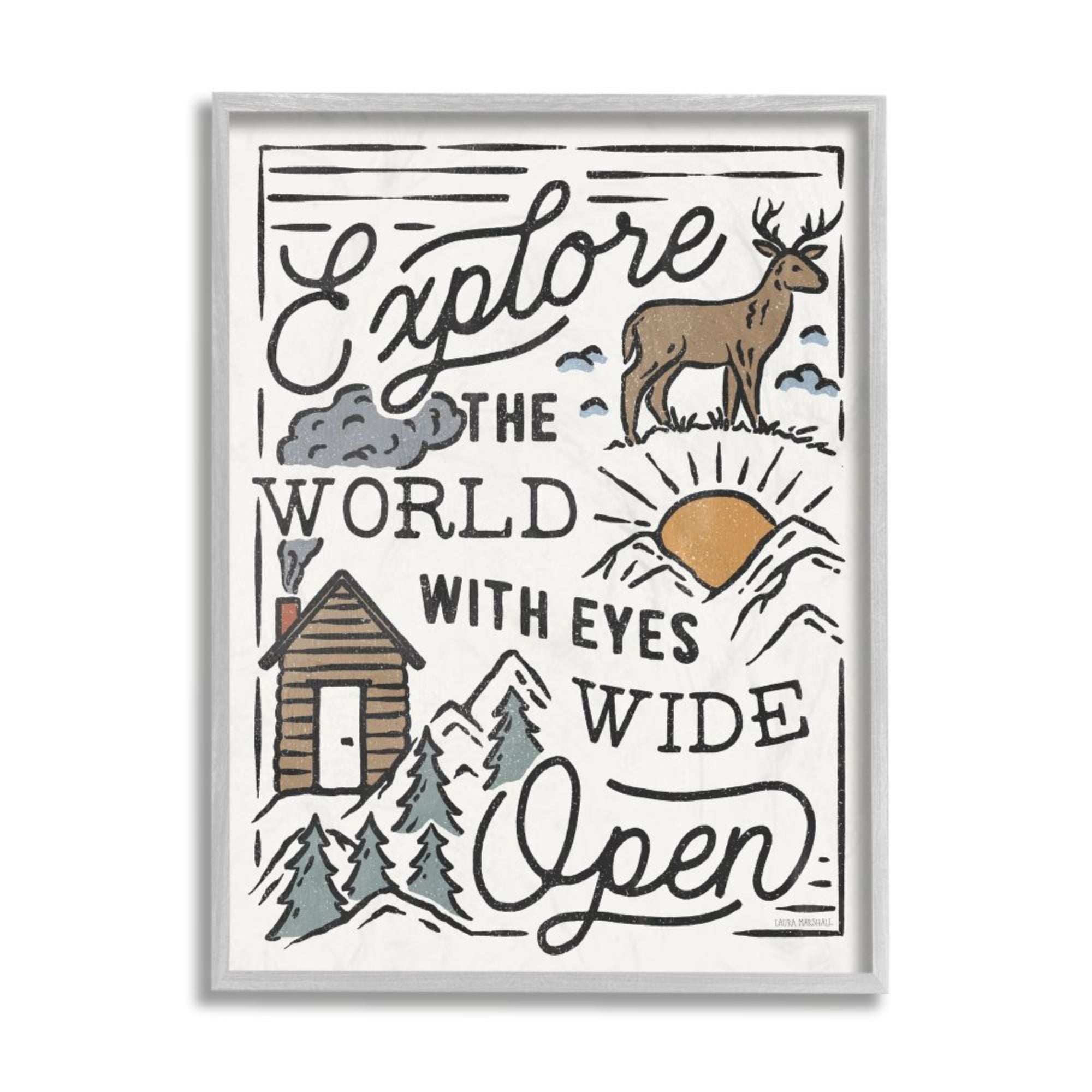 Stupell Industries Explore Eyes Wide Open Phrase Rustic Forest Cabin Design by Laura Marshall, 16" x 20", Gray Framed
