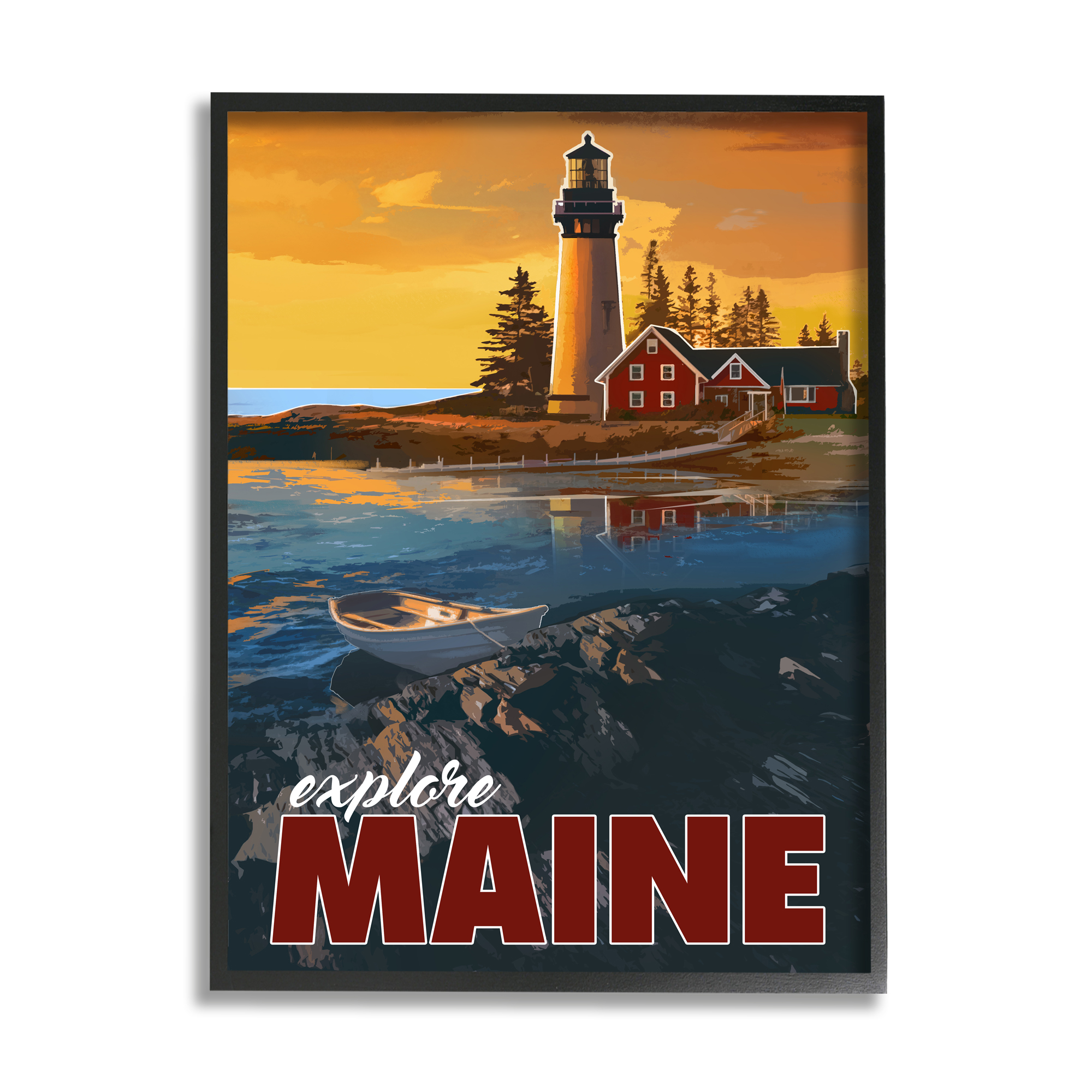 Stupell Industries Explore Maine Distant Ocean Lighthouse Beacon Travel Graphic Art Black Framed Art Print Wall Art, Design by David Owens Illustration
