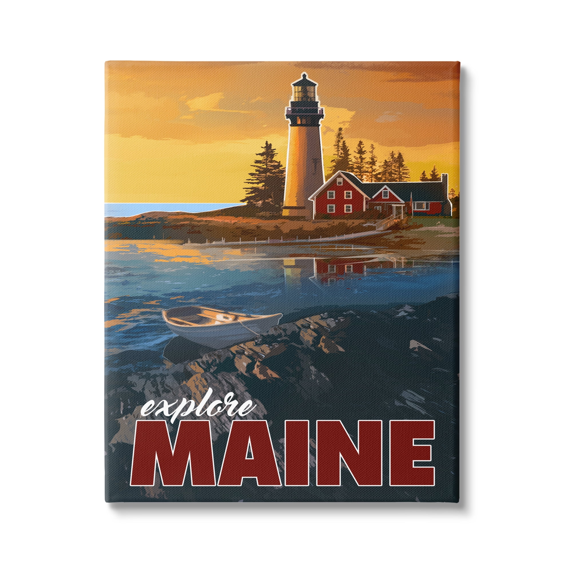 Stupell Industries Explore Maine Distant Ocean Lighthouse Beacon Travel Graphic Art Gallery Wrapped Canvas Print Wall Art, Design by David Owens Illustration