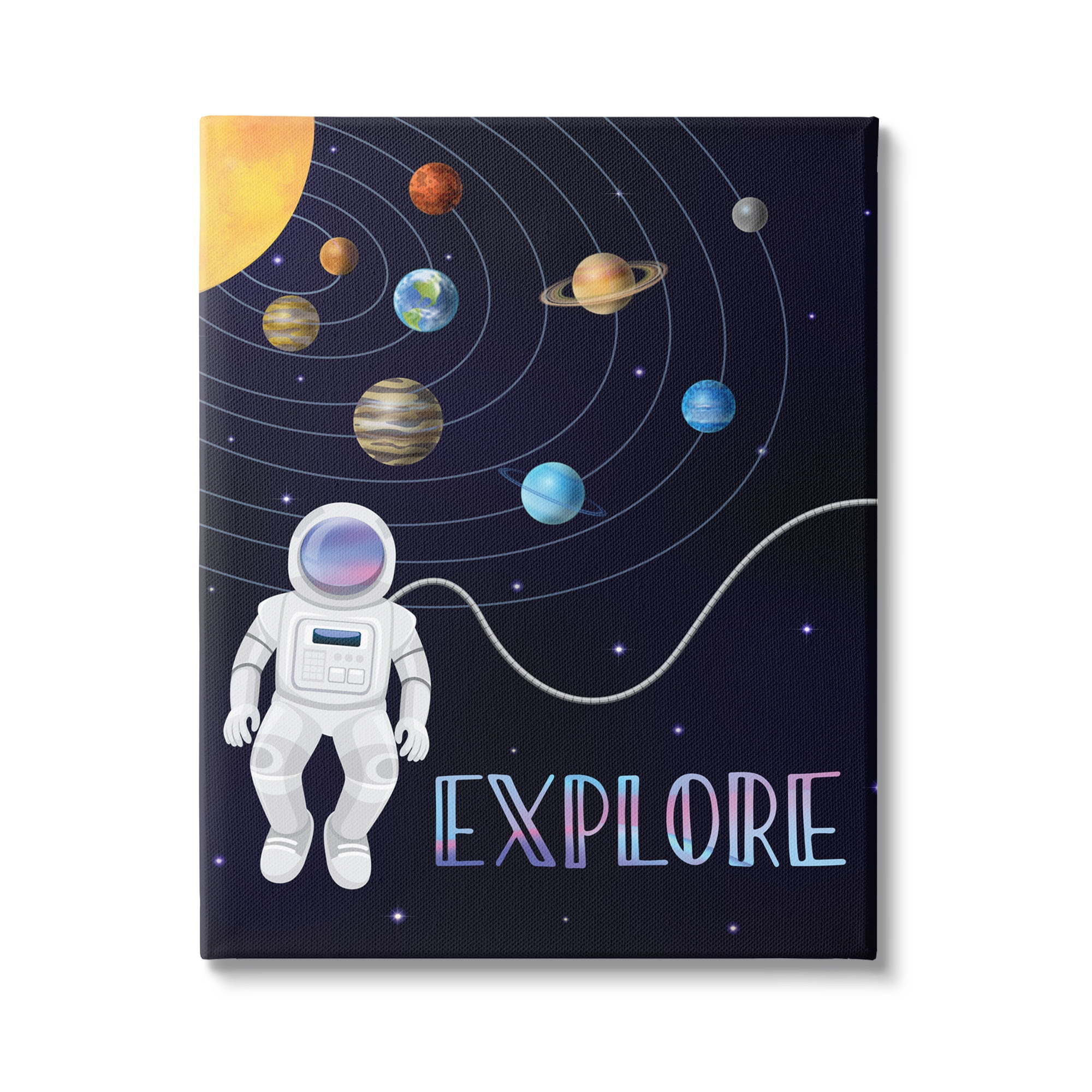 Stupell Industries Explore Outer Space Adventure Astronaut Among Planets Graphic Art Gallery Wrapped Canvas Print Wall Art, Design by Linda Birtel