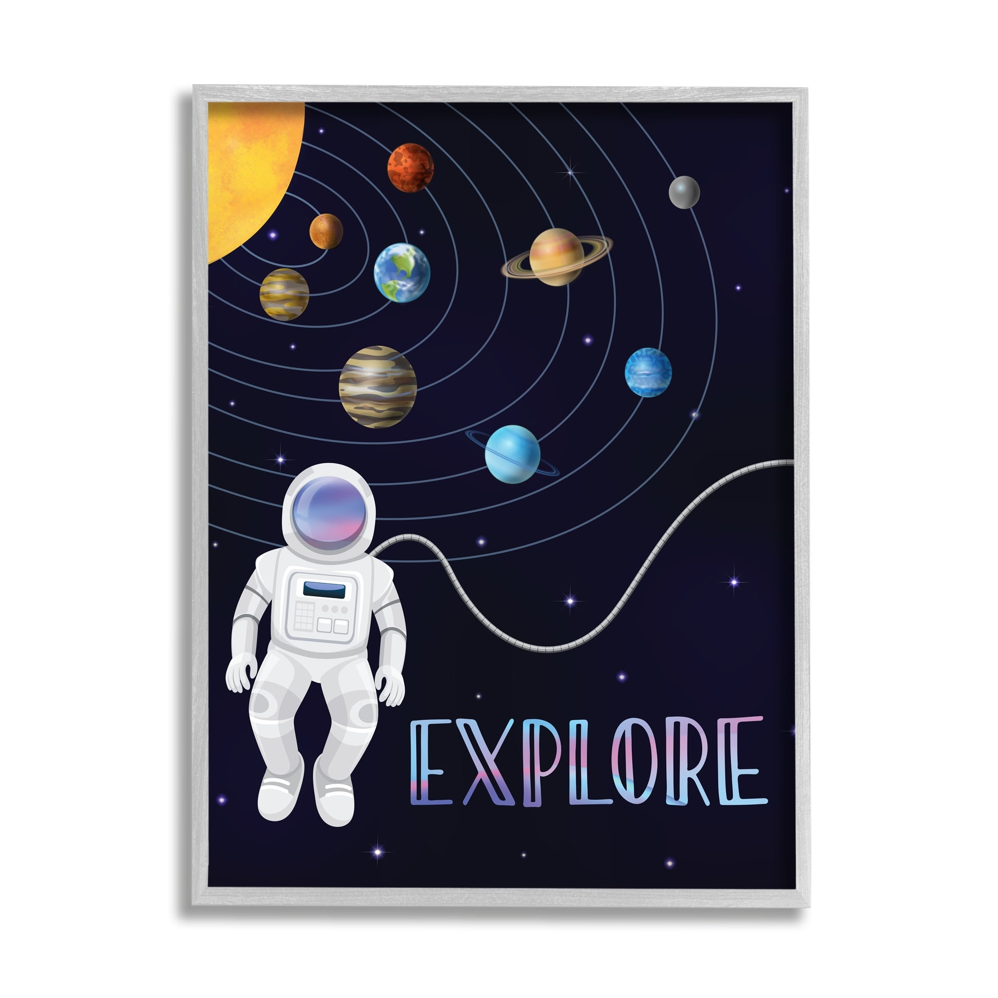 Stupell Industries Explore Outer Space Adventure Astronaut Among Planets Graphic Art Gray Framed Art Print Wall Art, Design by Linda Birtel