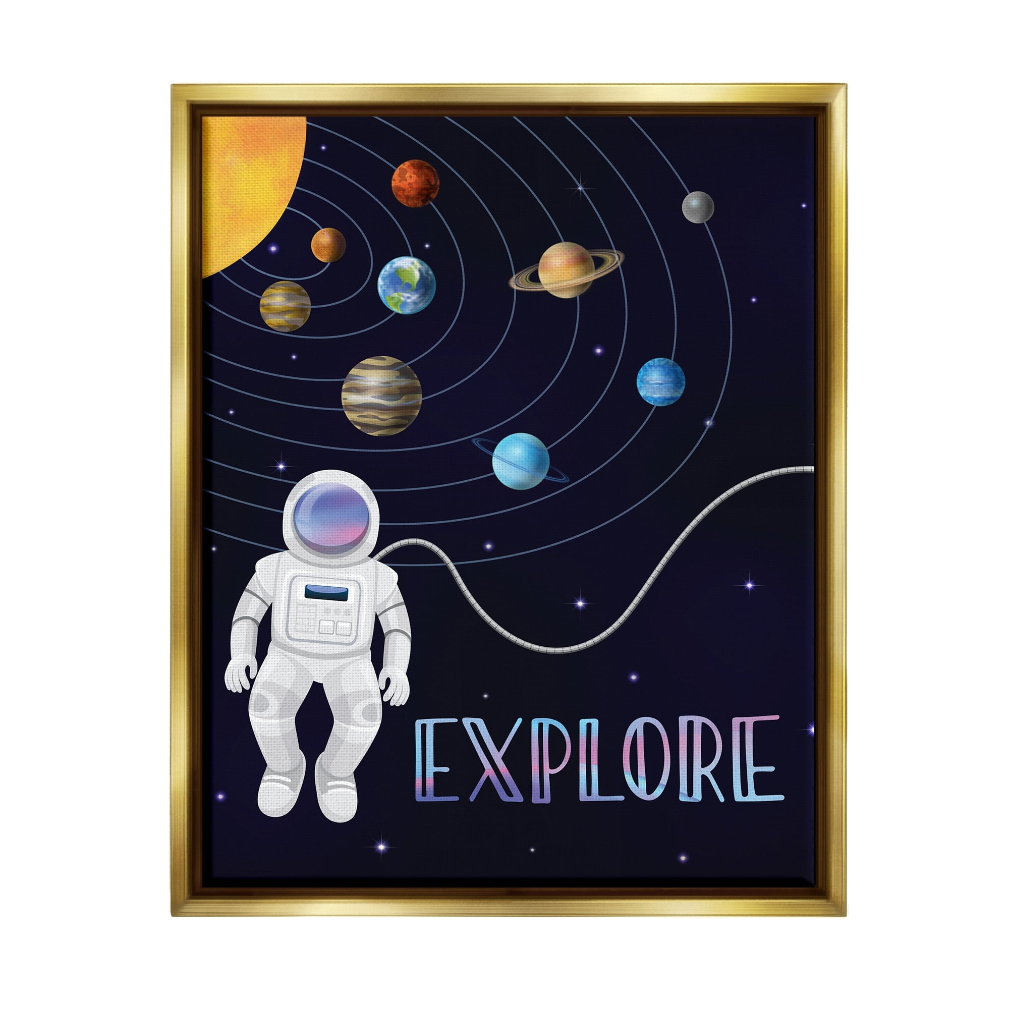 Stupell Industries Explore Outer Space Adventure Astronaut Among Planets Graphic Art Metallic Gold Floating Framed Canvas Print Wall Art, Design by Linda Birtel
