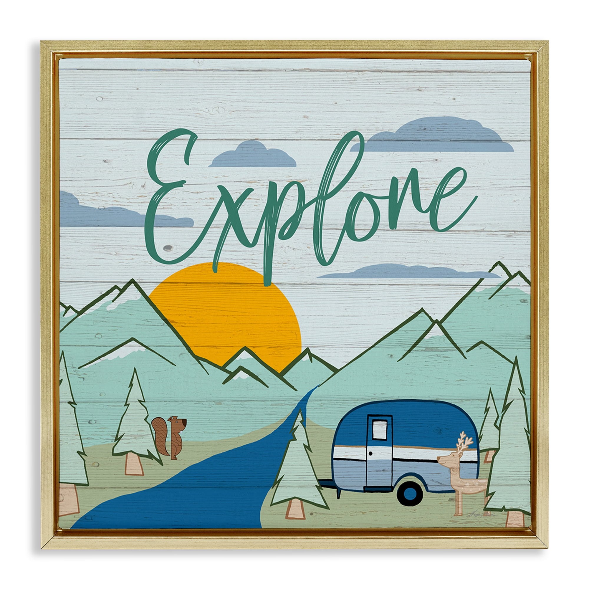 Stupell Industries Explore Rustic Adventure Landscape & Nature Painting Gold Floater Framed Canvas Art Print Wall Art, 18 x 18