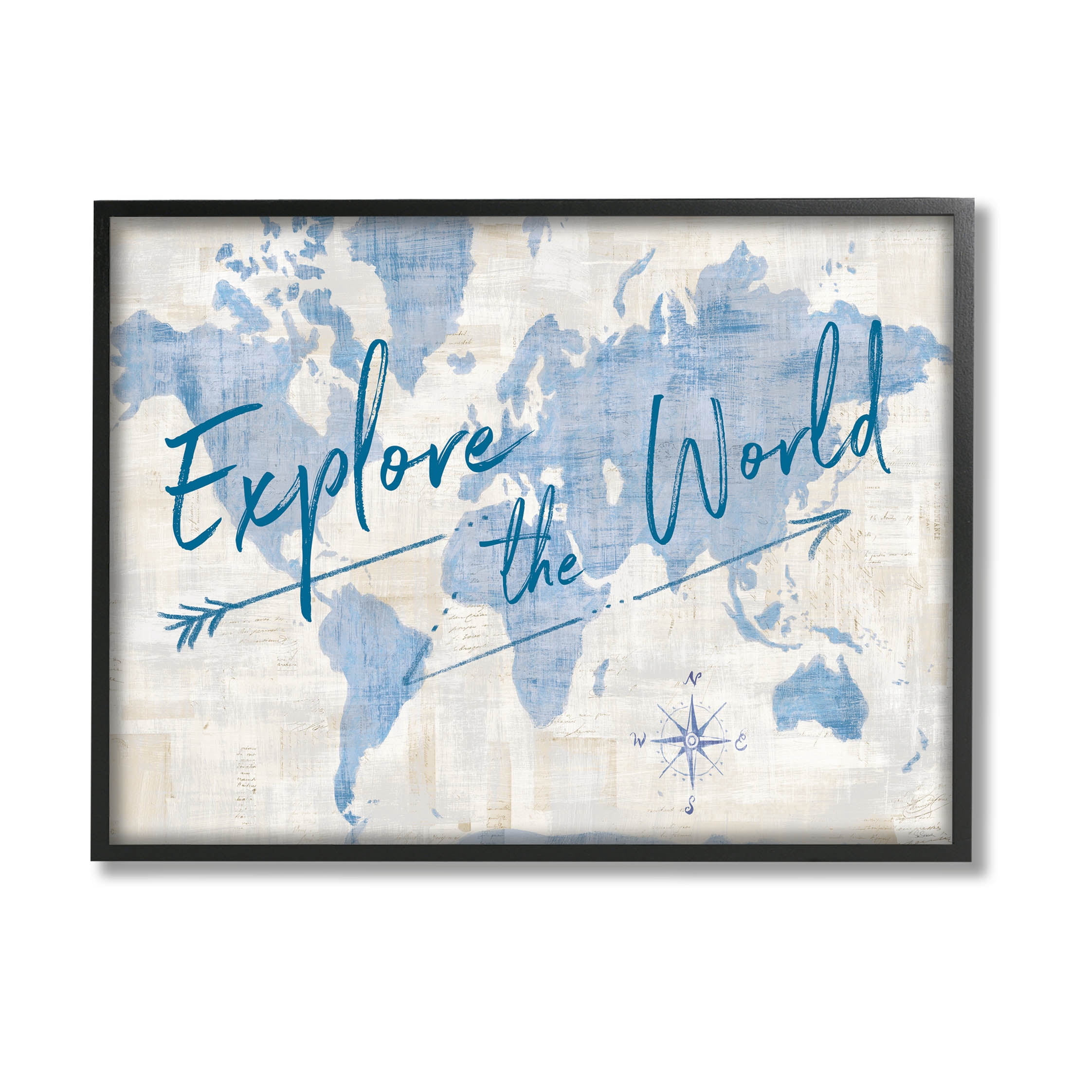 Stupell Industries Explore The World Motivational Map Graphic Art Black Framed Art Print Wall Art, Design by Sue Schlabach