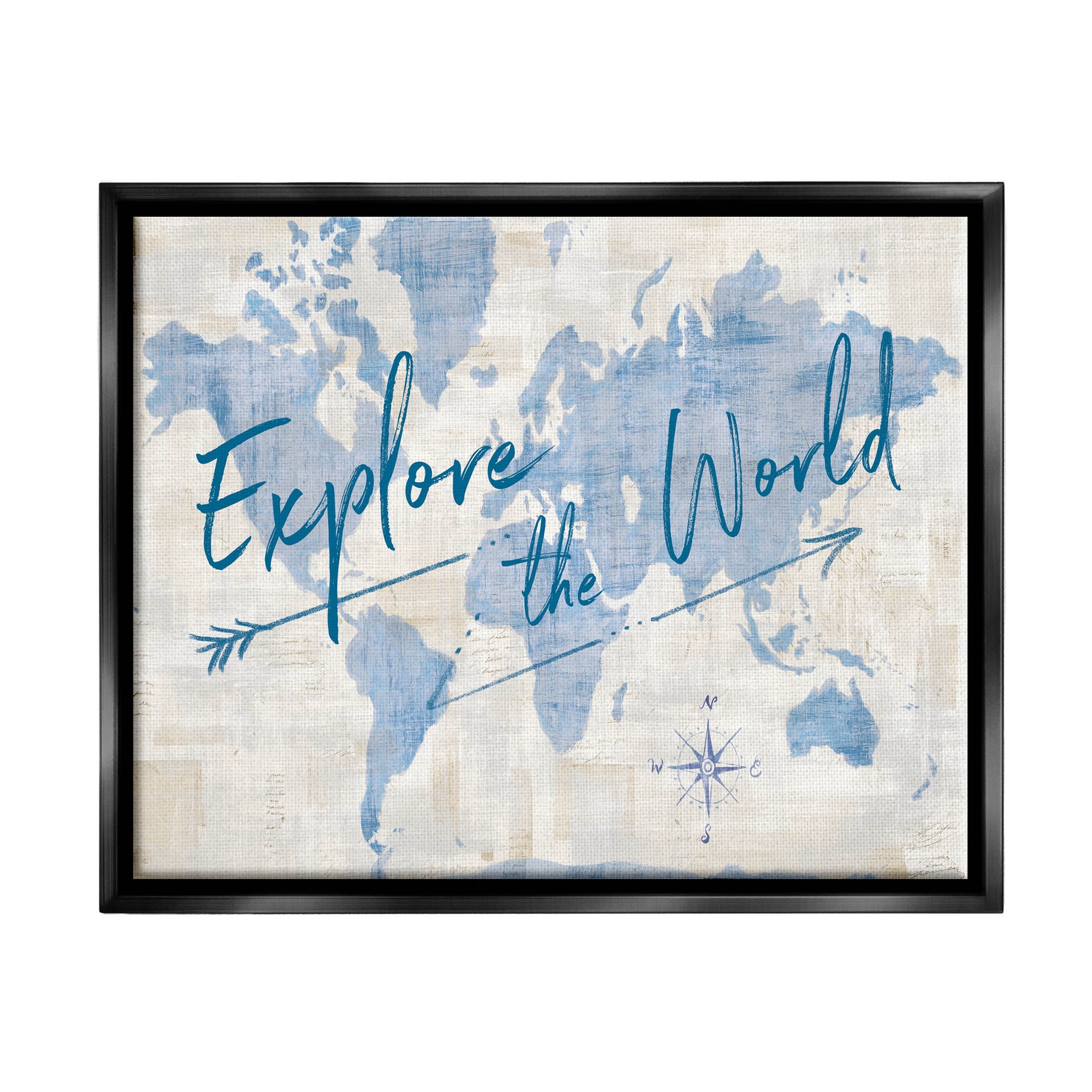 Stupell Industries Explore The World Motivational Map Graphic Art Jet Black Floating Framed Canvas Print Wall Art, Design by Sue Schlabach