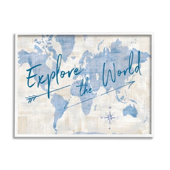 Stupell Industries Explore The World Motivational Map Graphic Art White Framed Art Print Wall Art, Design by Sue Schlabach