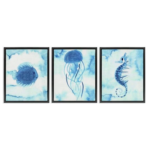 Stupell Industries Expressive Abstract Sea Creatures 3 Piece Black Framed Floater Canvas Set design by Camila Juncos, 21 x 17
