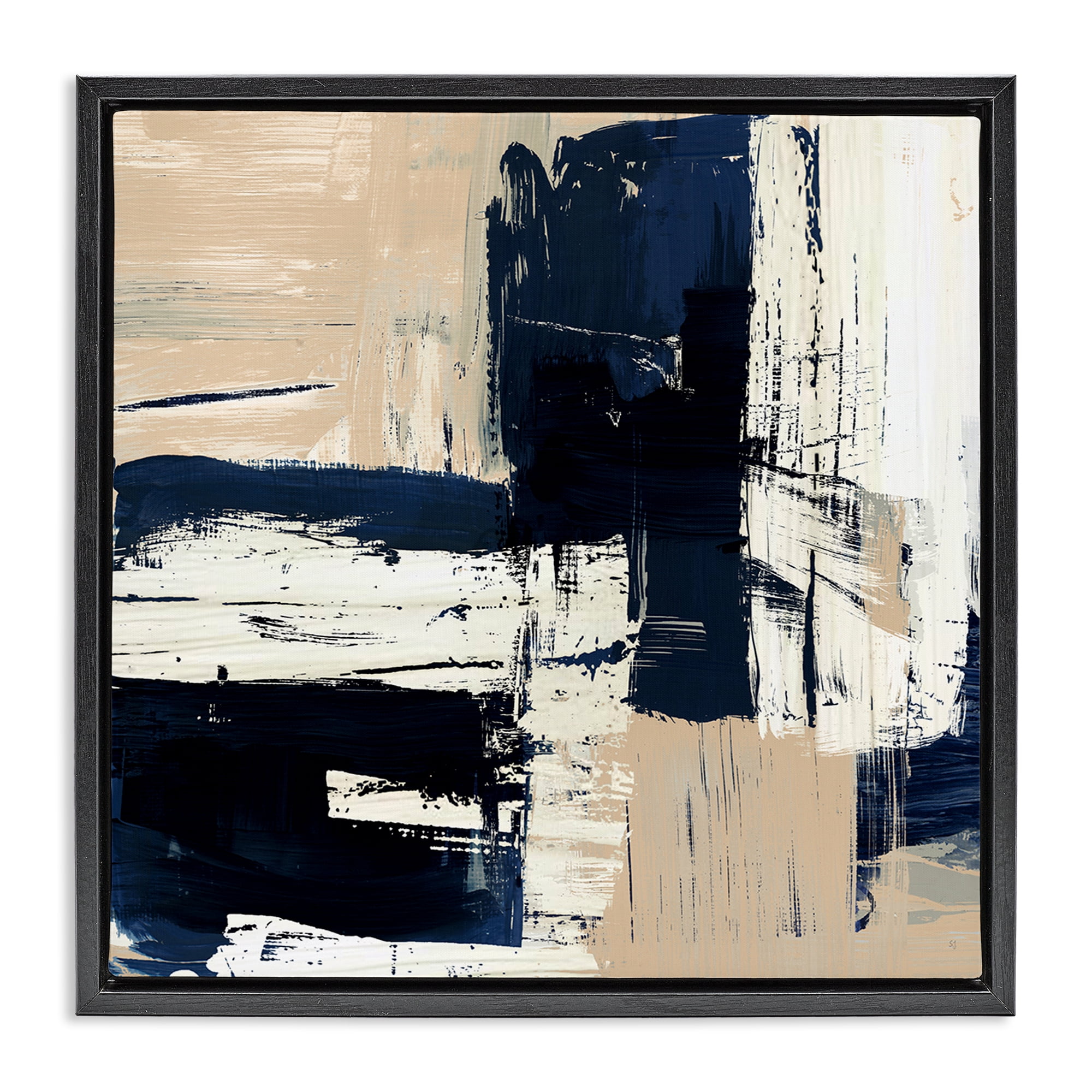 Stupell Industries Expressive Blue Tan Shapes Abstract Painting Black Floater Framed Canvas Art Print Wall Art, 25 x 25