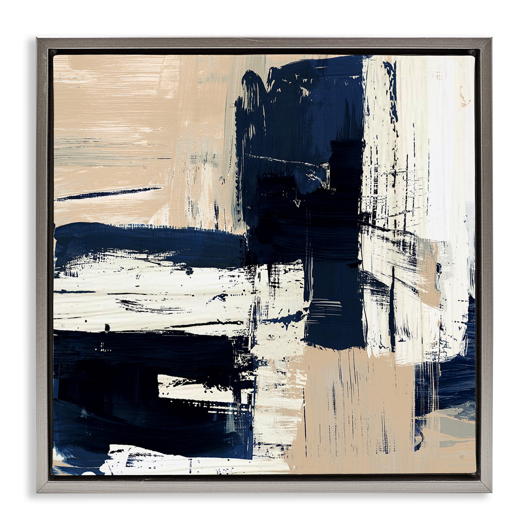 Stupell Industries Expressive Blue Tan Shapes Abstract Painting Gray Floater Framed Canvas Art Print Wall Art, 25 x 25