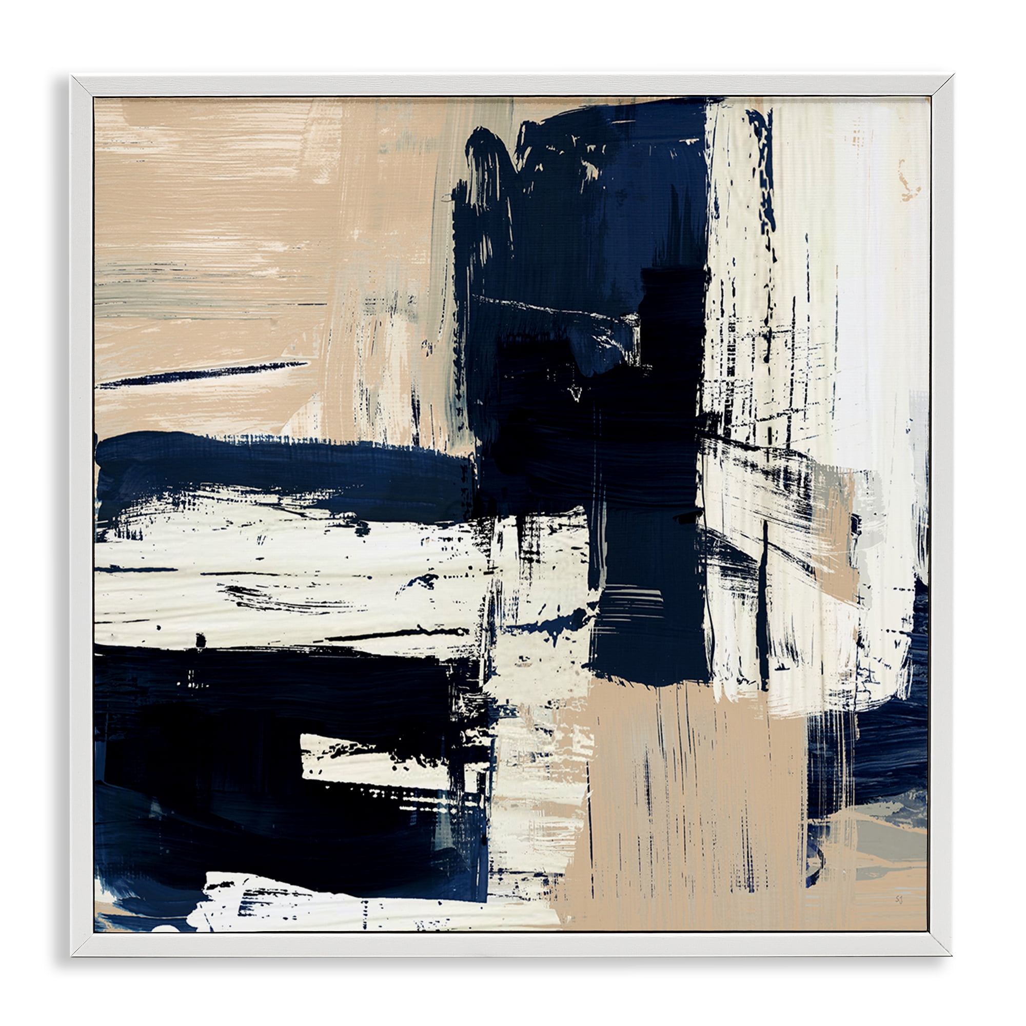 Stupell Industries Expressive Blue Tan Shapes Abstract Painting White Framed Art Print Wall Art, 24 x 24