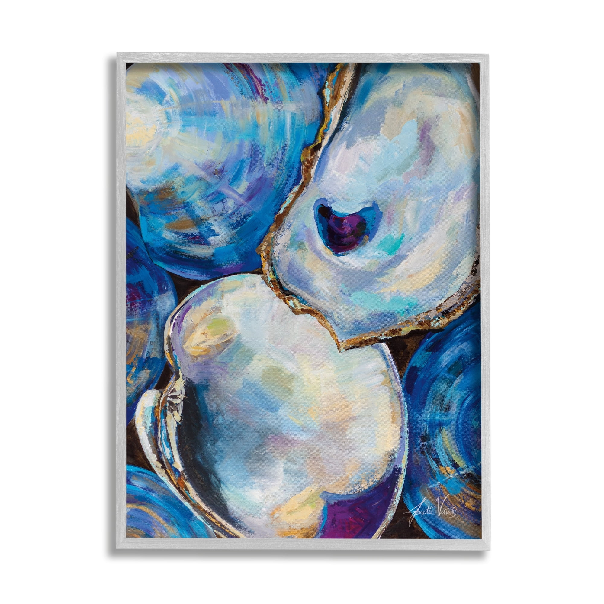 Expressive Coastal Seashells Abstract Painting in Gray Frame, 24 x 30