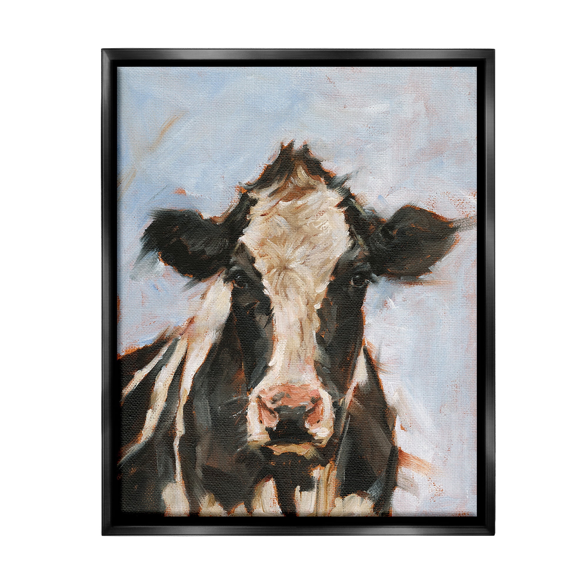 Stupell Industries Expressive Cow Portrait Animals & Insects Painting Black Floater Framed Canvas Art Print Wall Art, 25 x 31
