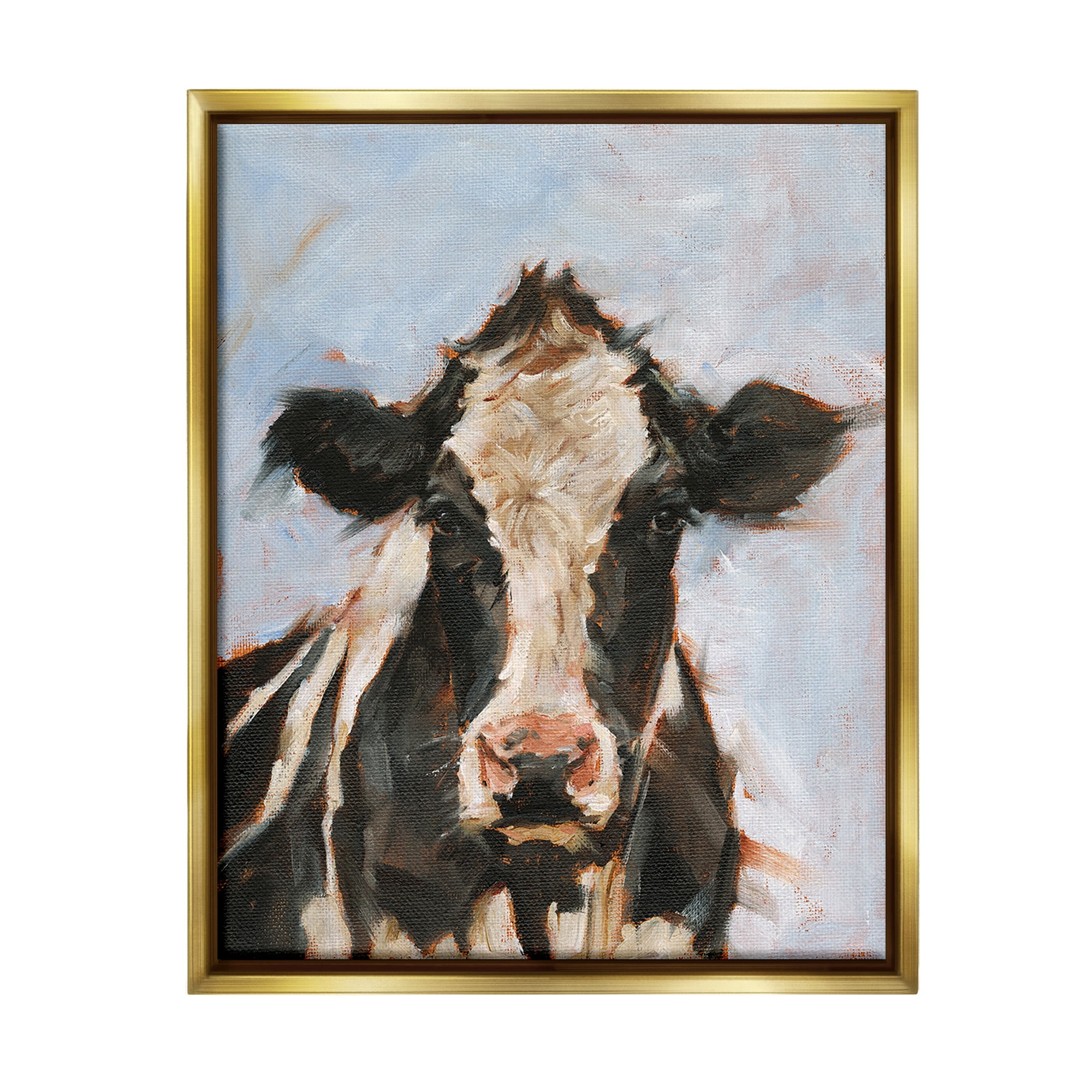 Stupell Industries Expressive Cow Portrait Animals & Insects Painting Gold Floater Framed Canvas Art Print Wall Art, 17 x 21