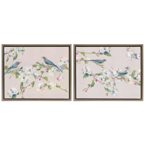 Stupell Industries Expressive Flower View with Birds Floral Painting Brown Floater Framed Canvas Art Print Wall Art, 21 x 17, Set of 2