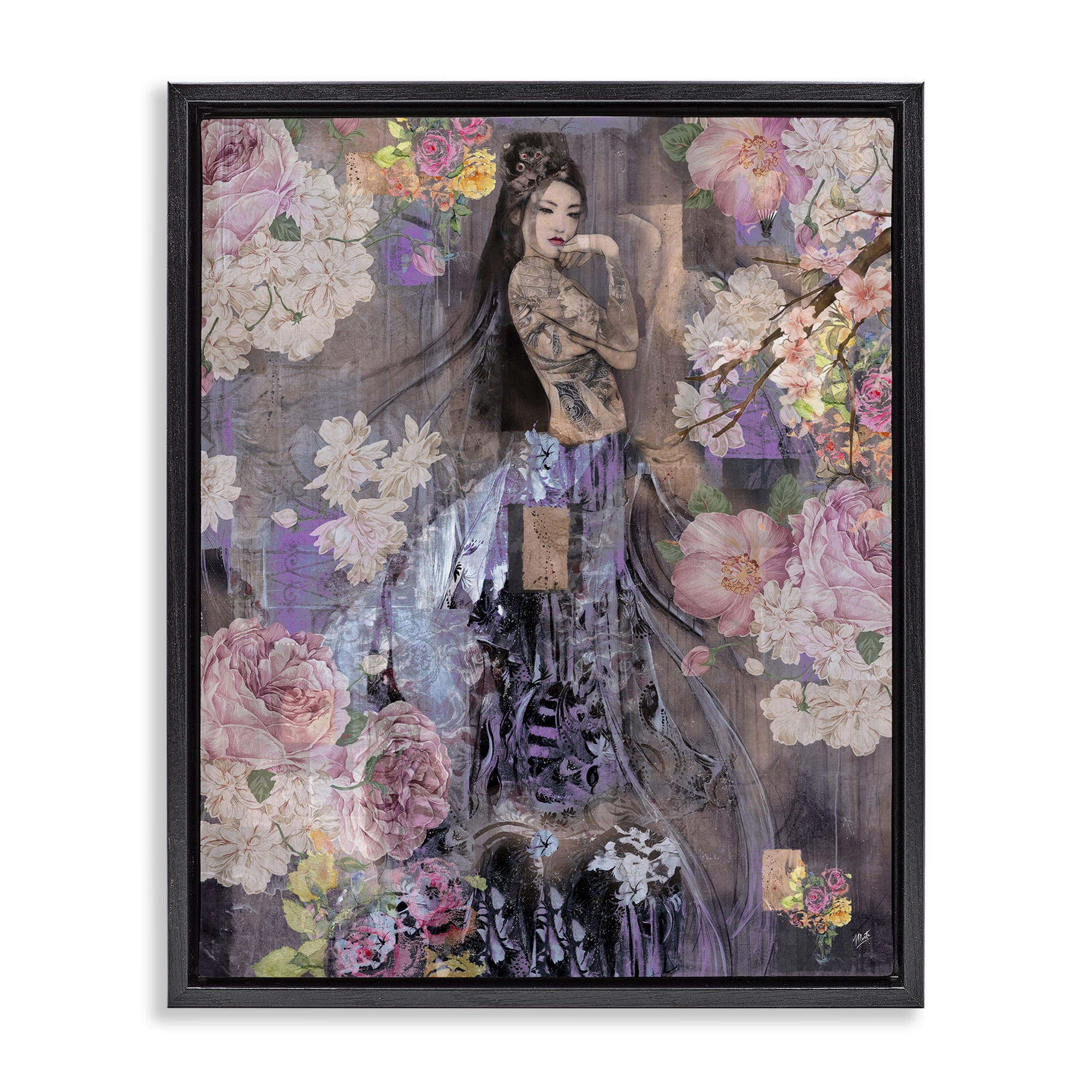 Stupell Industries Expressive Flowers & Woman People Painting Black Floater Framed Canvas Art Print Wall Art, 17 x 21